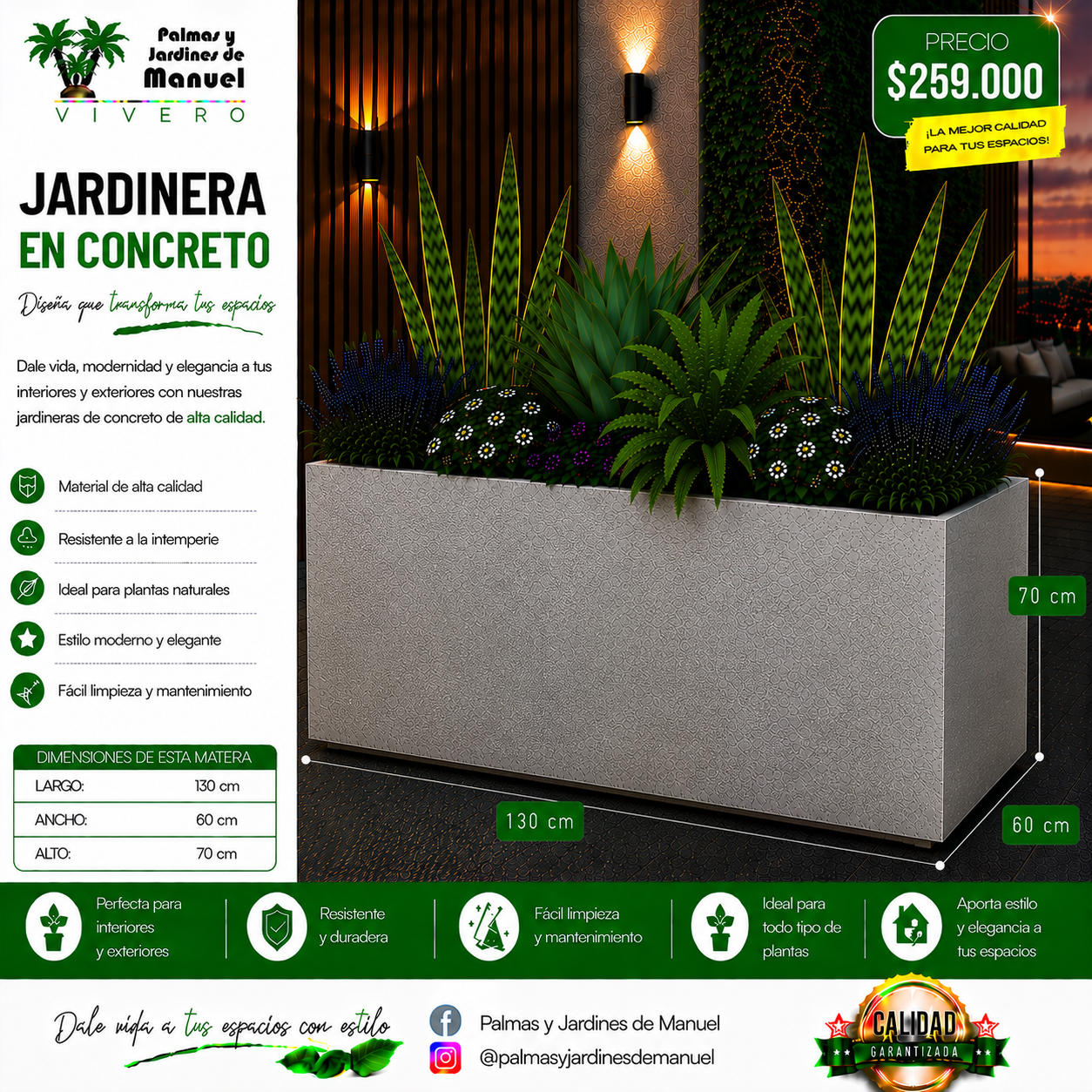 Jardinera en Concreto 130x60x70 cm
