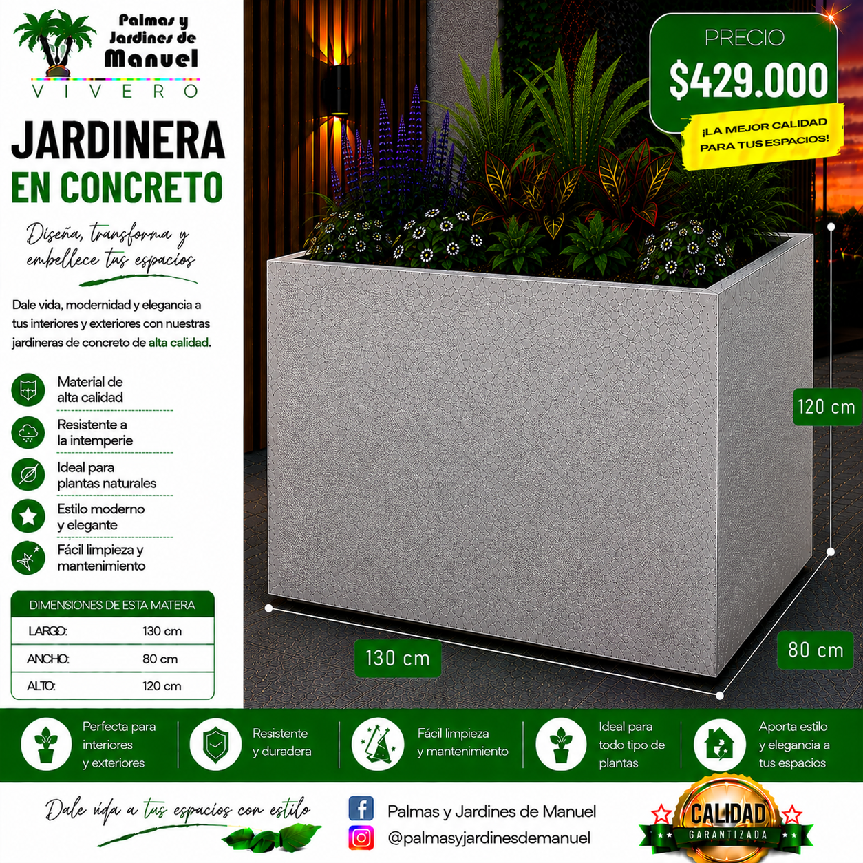 Jardinera en Concreto 130x80x120 cm