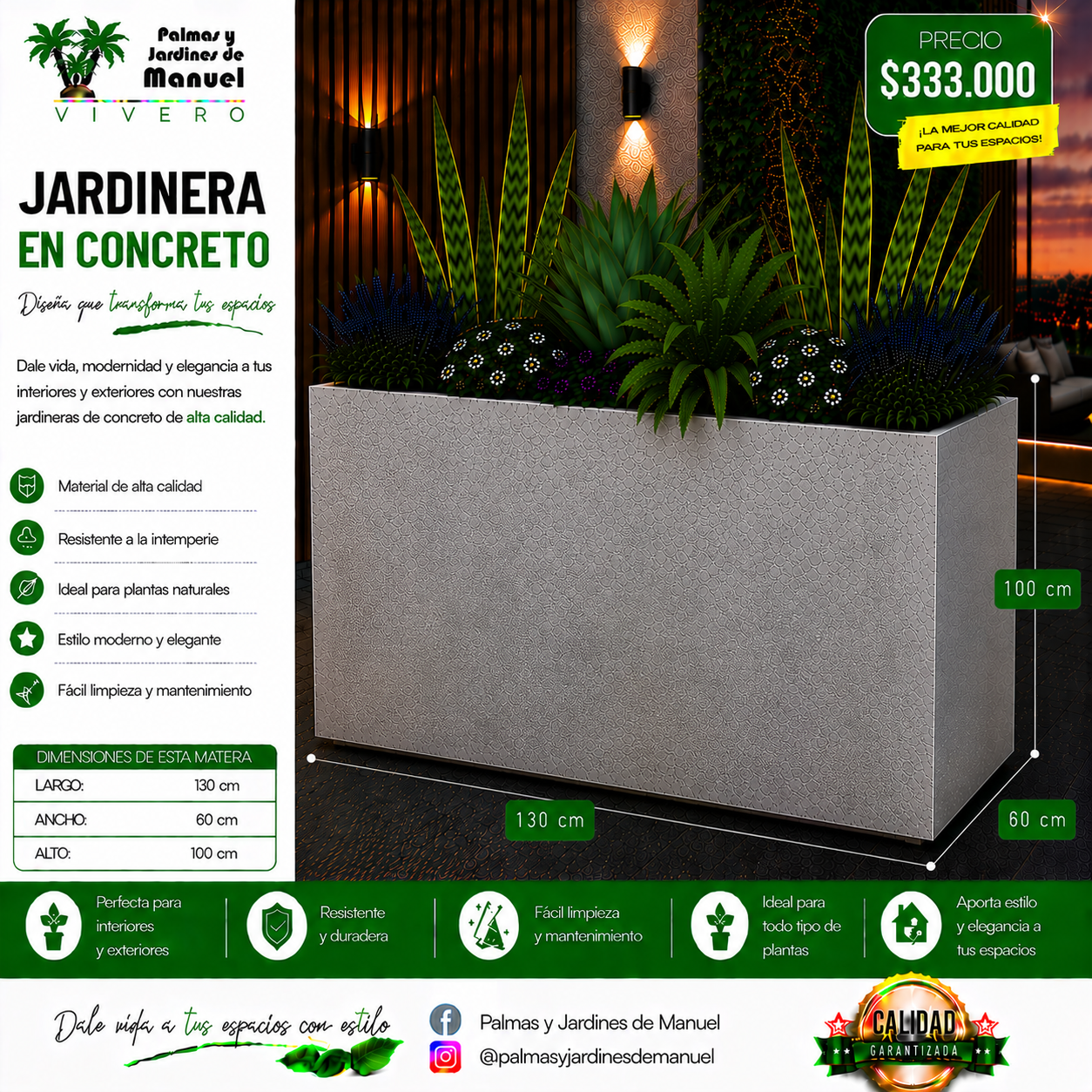 Jardinera en Concreto 130x60x100 cm