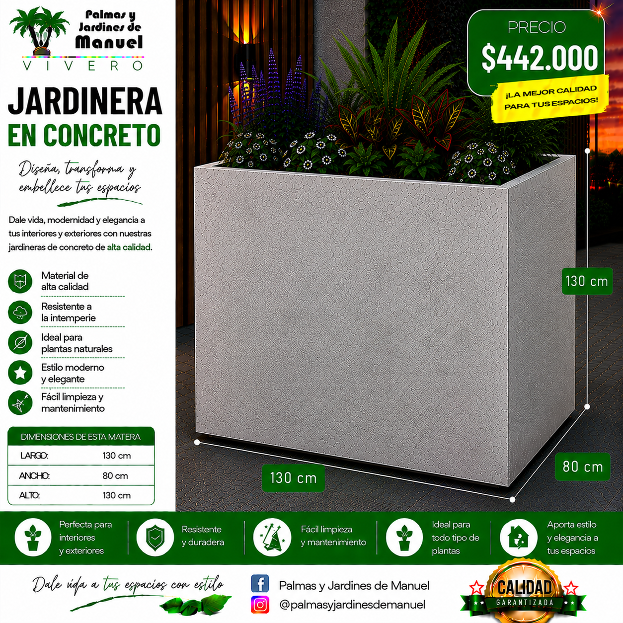 Jardinera en Concreto 130x80x130 cm