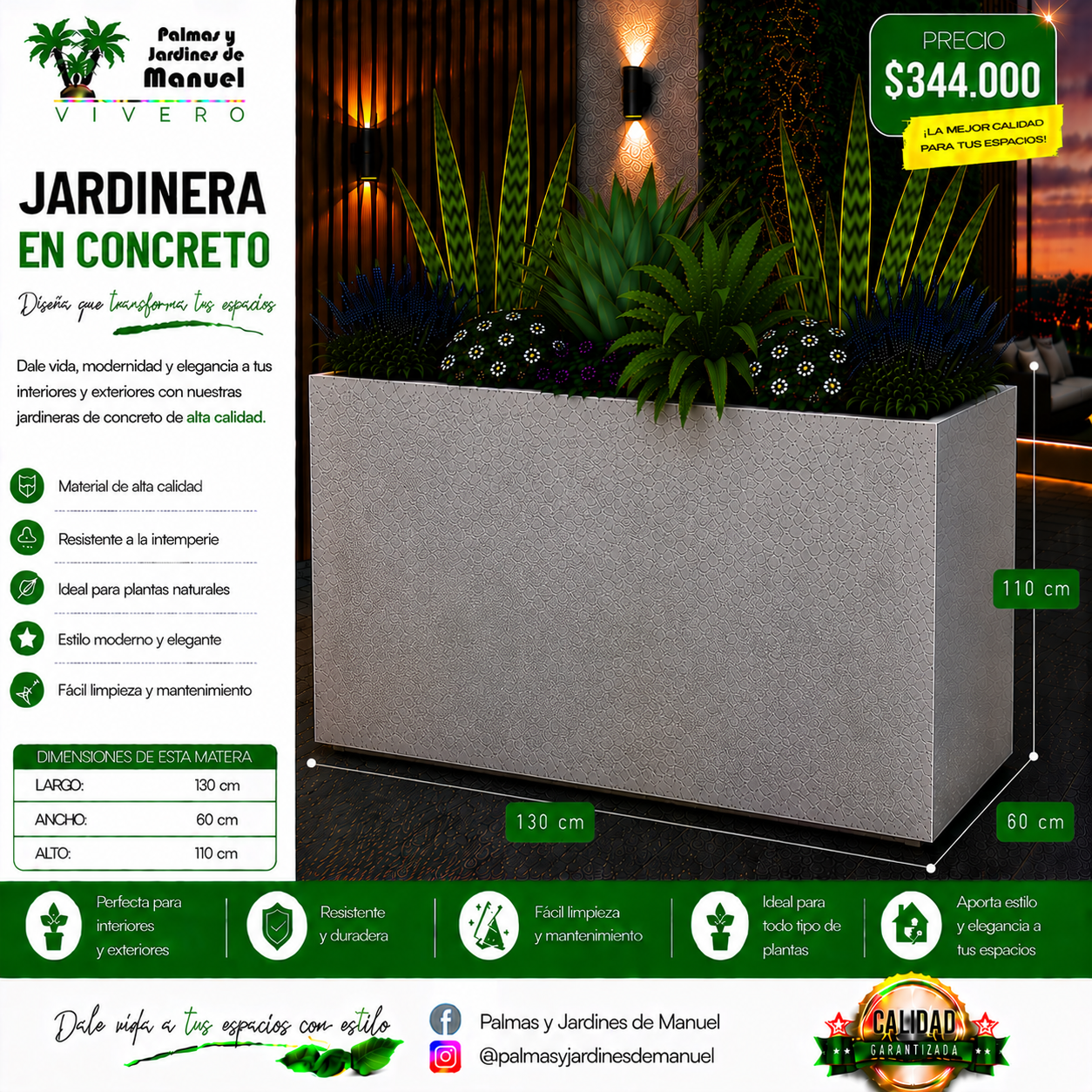 Jardinera en Concreto 130x60x110 cm
