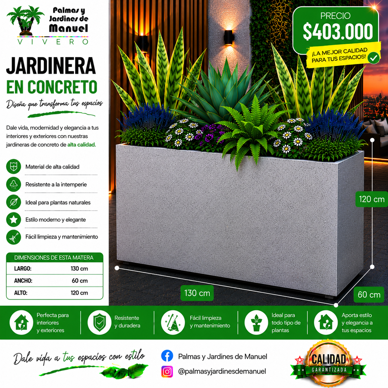 Jardinera en Concreto 130x60x120 cm