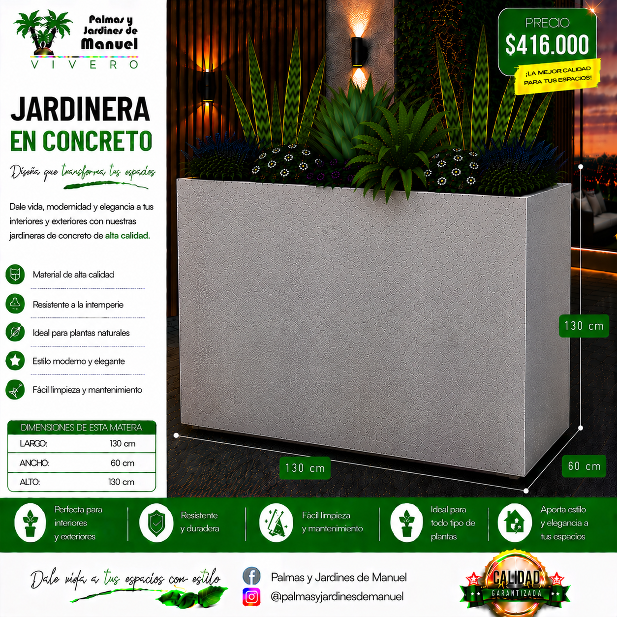Jardinera en Concreto 130x60x130 cm