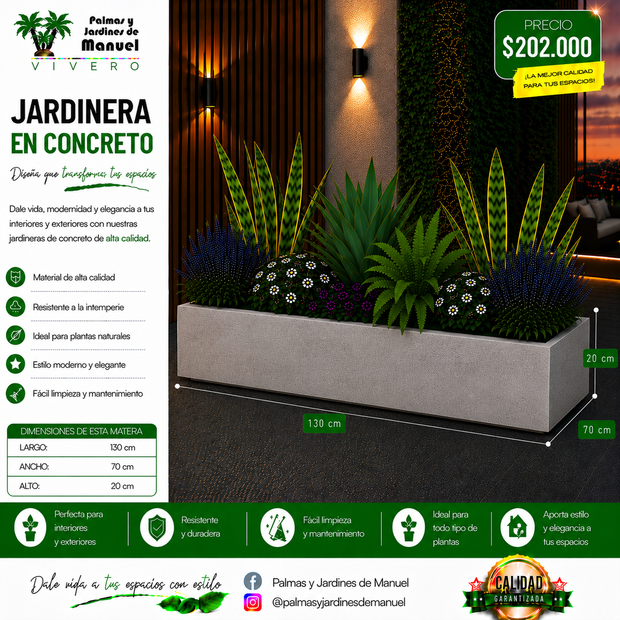 Jardinera en Concreto 130x70x20 cm
