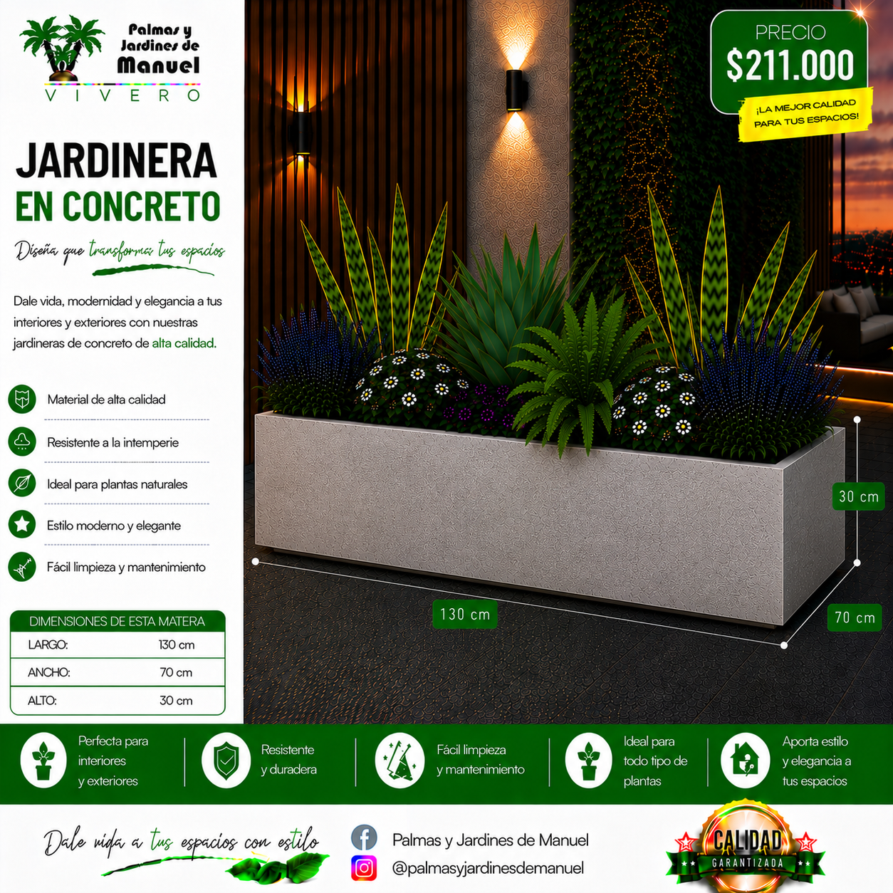 Jardinera en Concreto 130x70x30 cm