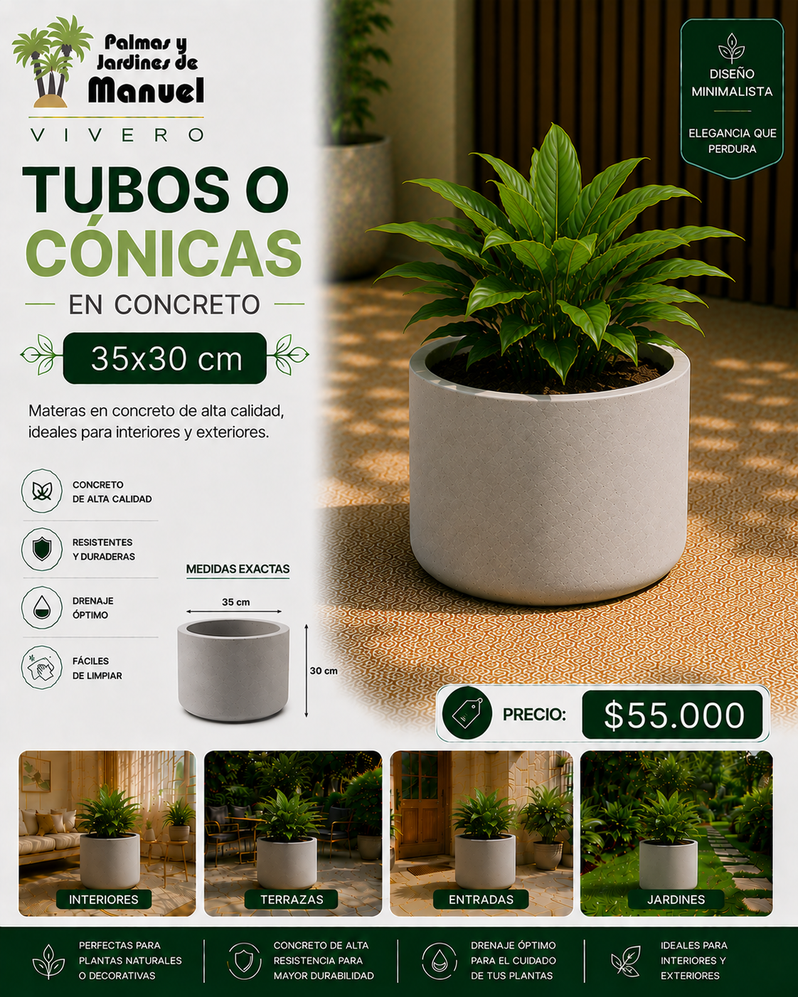 Tubos o Cónicas en Concreto 35x30 cm
