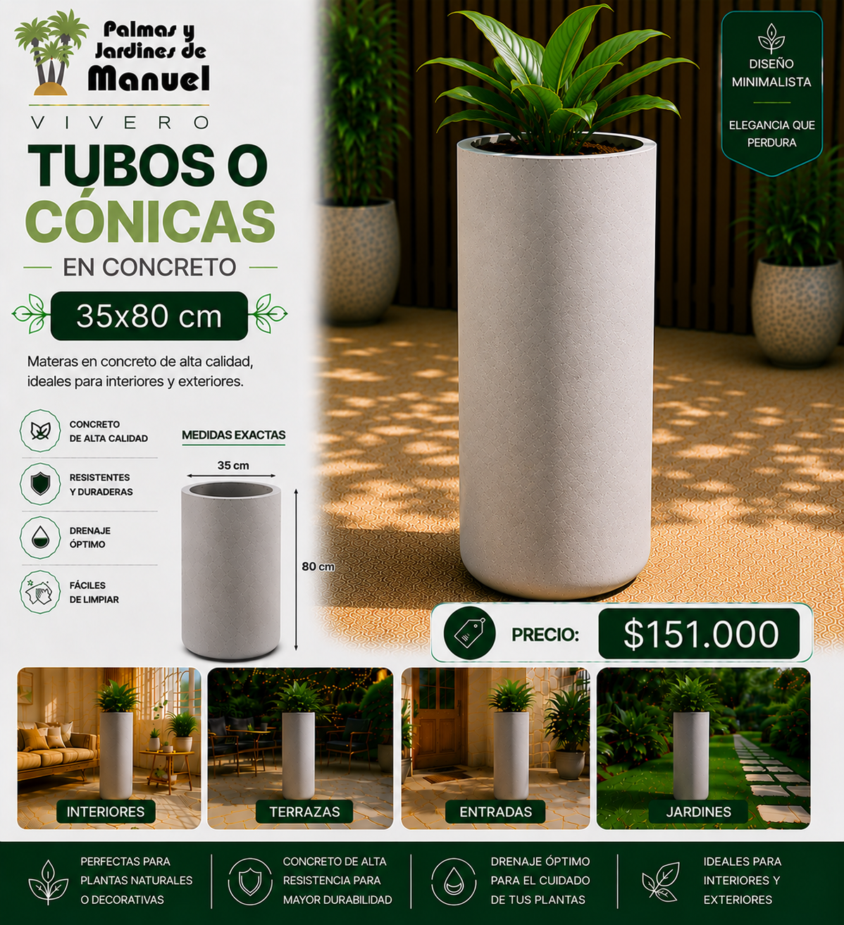 Tubos o Cónicas en Concreto 35x80 cm