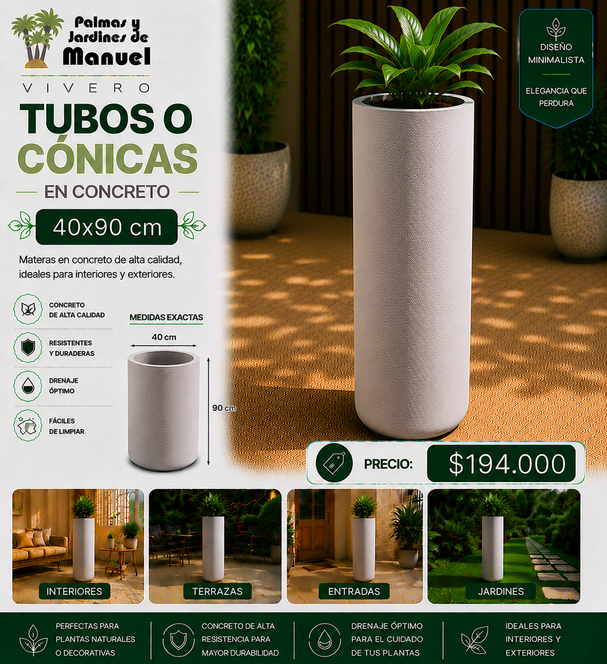 Tubos o Cónicas en Concreto 40x90 cm