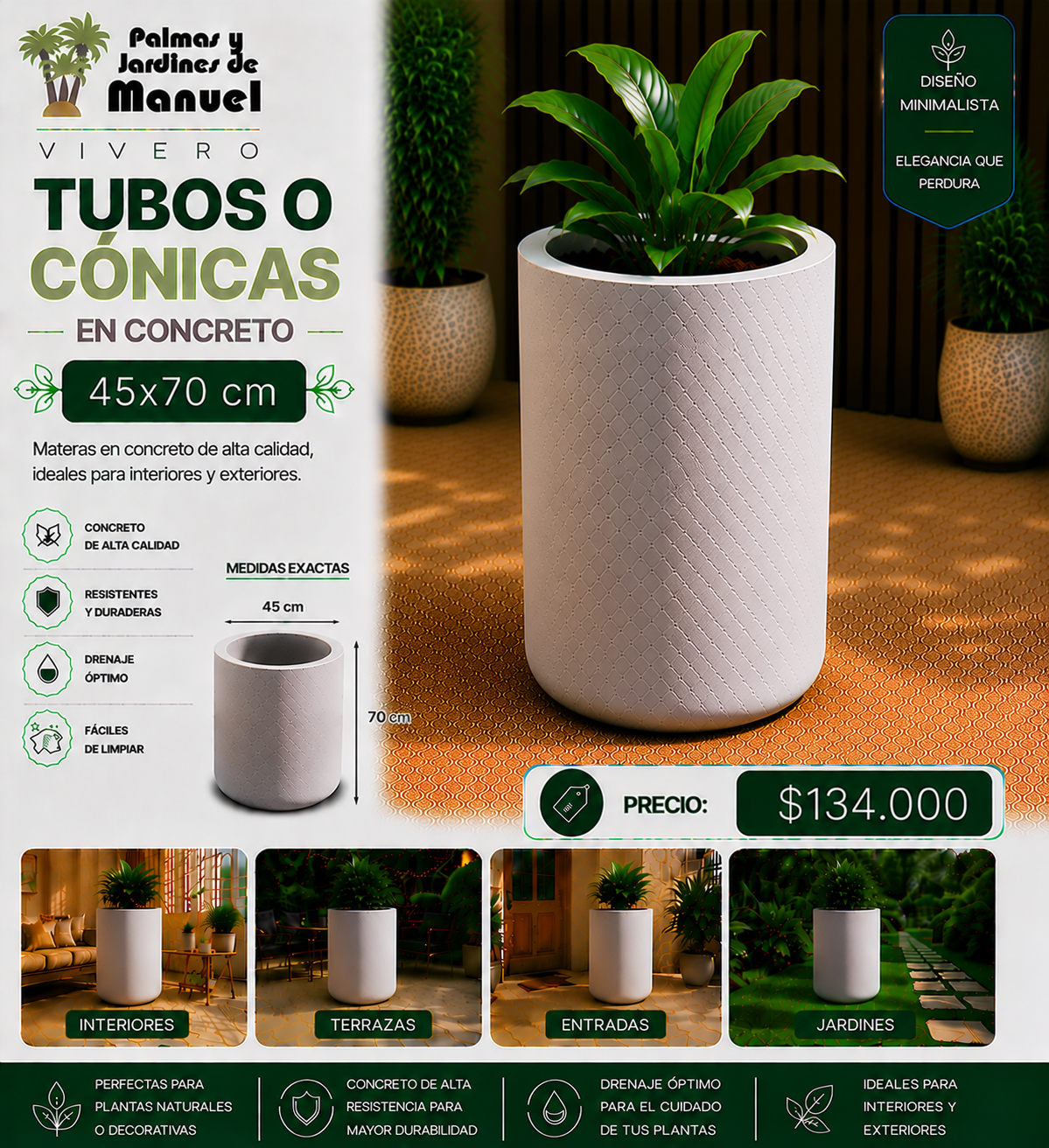 Tubos o Cónicas en Concreto 45x70 cm