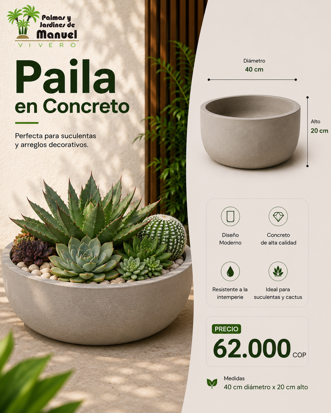 Paila en Concreto 40x20 cm
