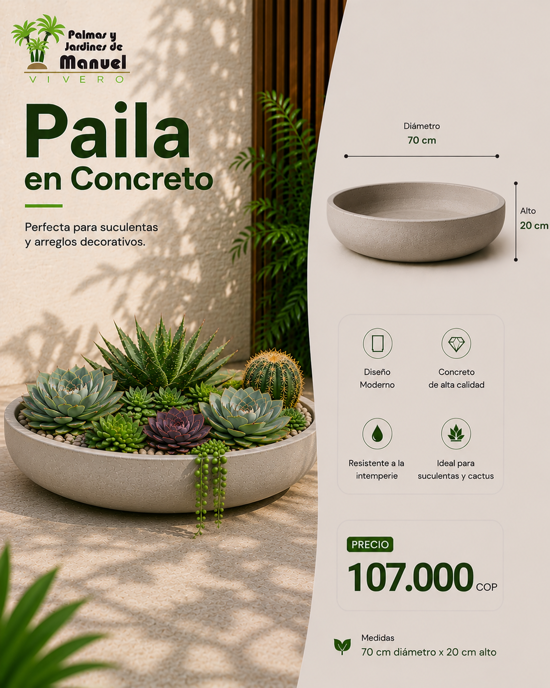 Paila en Concreto 70x20 cm