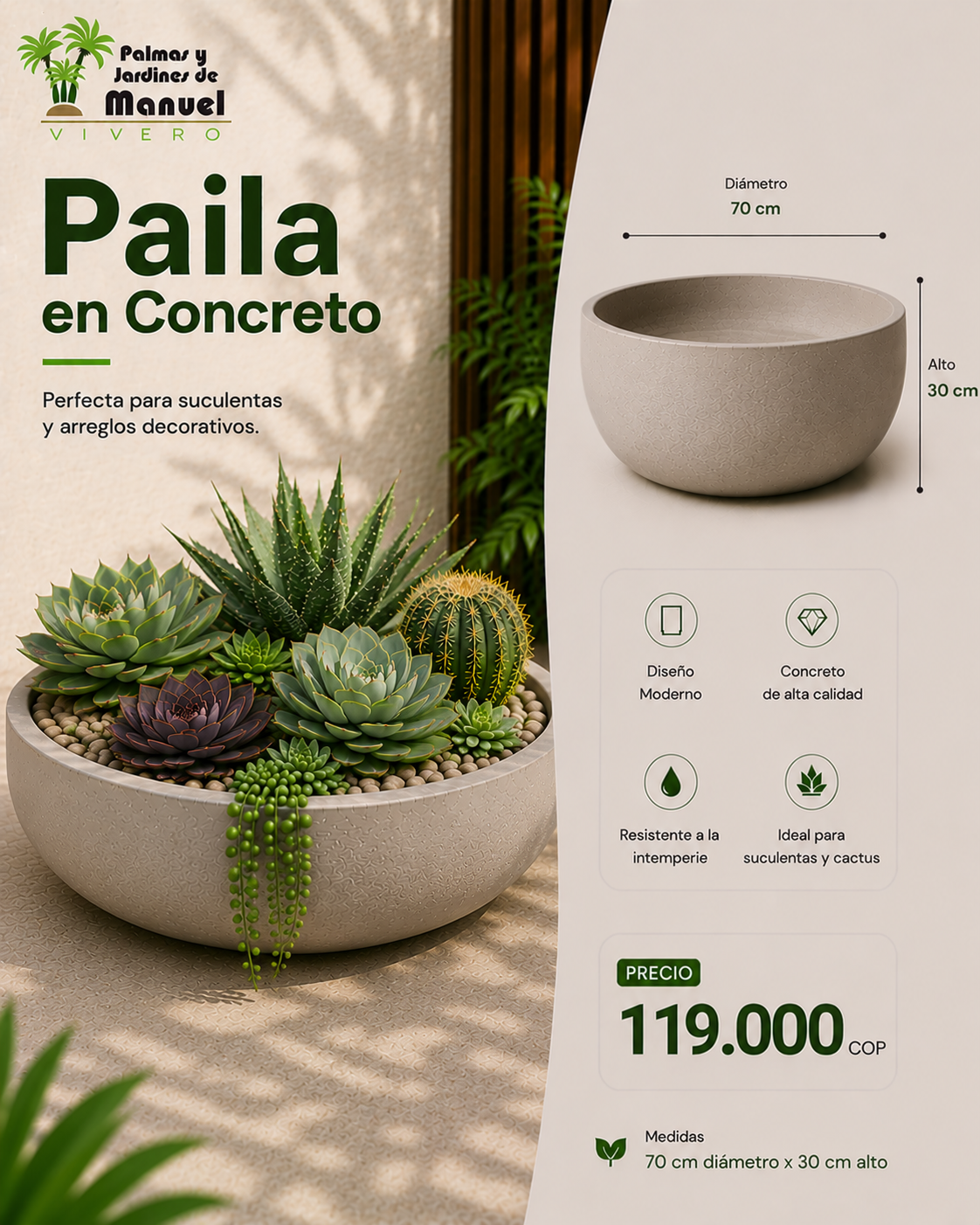 Paila en Concreto 70x30 cm