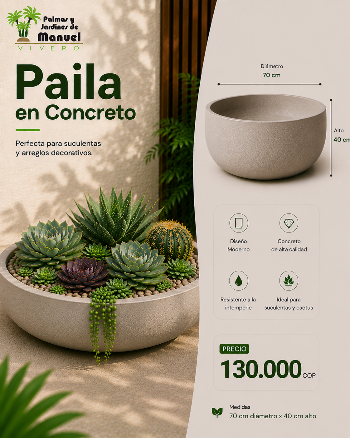 Paila en Concreto 70x40 cm