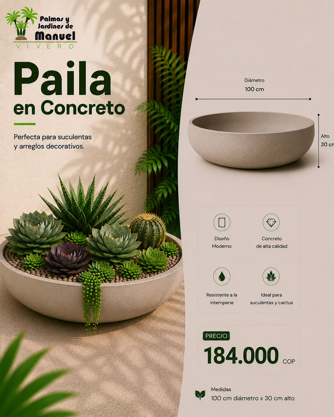 Paila en Concreto 100x30 cm