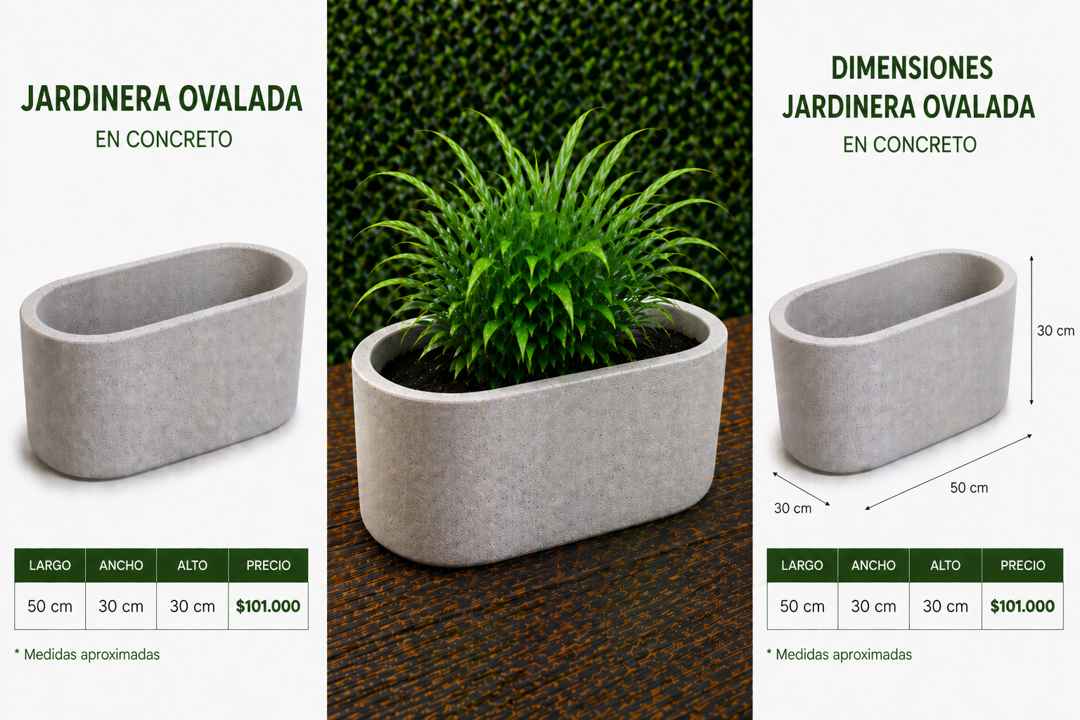 Jardinera Ovalada en Concreto 50x30x30 cm