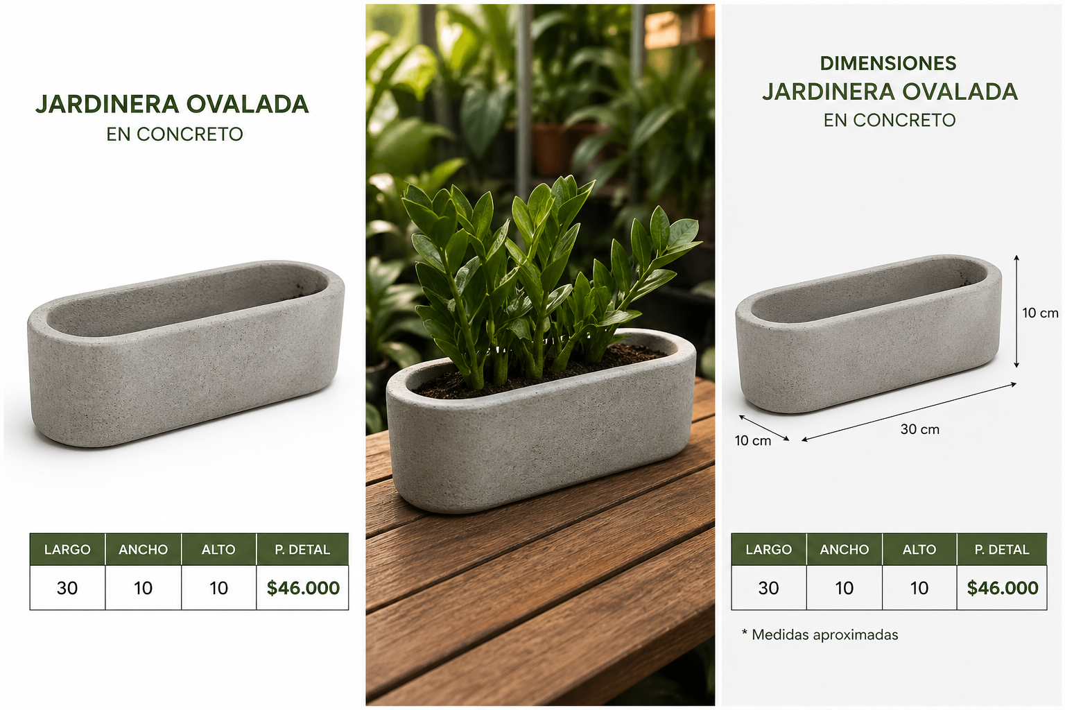 Jardinera Ovalada en Concreto 30x10x10 cm