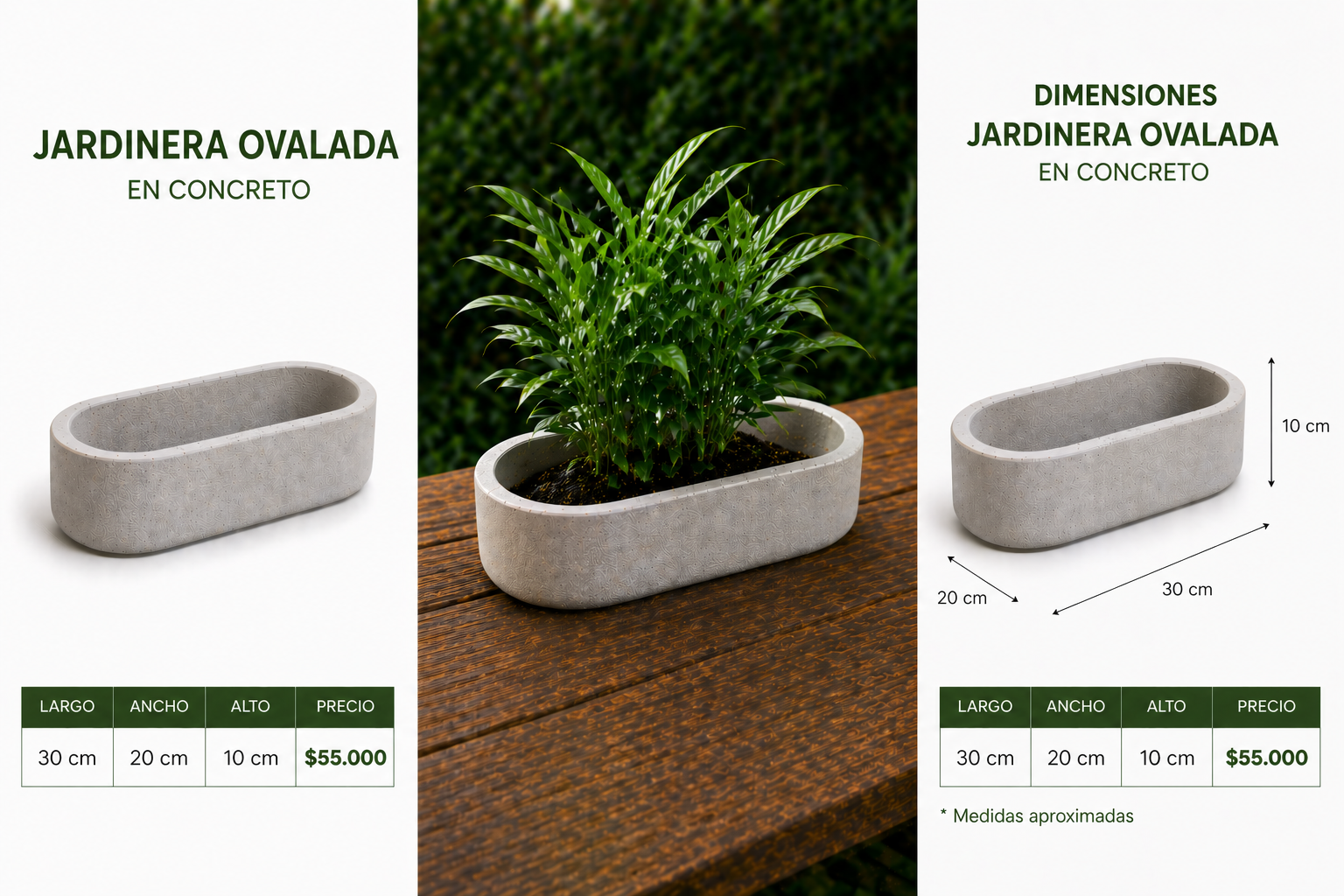 Jardinera Ovalada en Concreto 30x20x10 cm