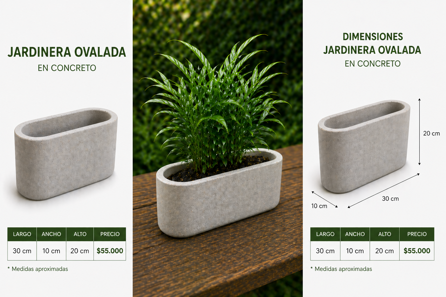 Jardinera Ovalada en Concreto 30x10x20 cm