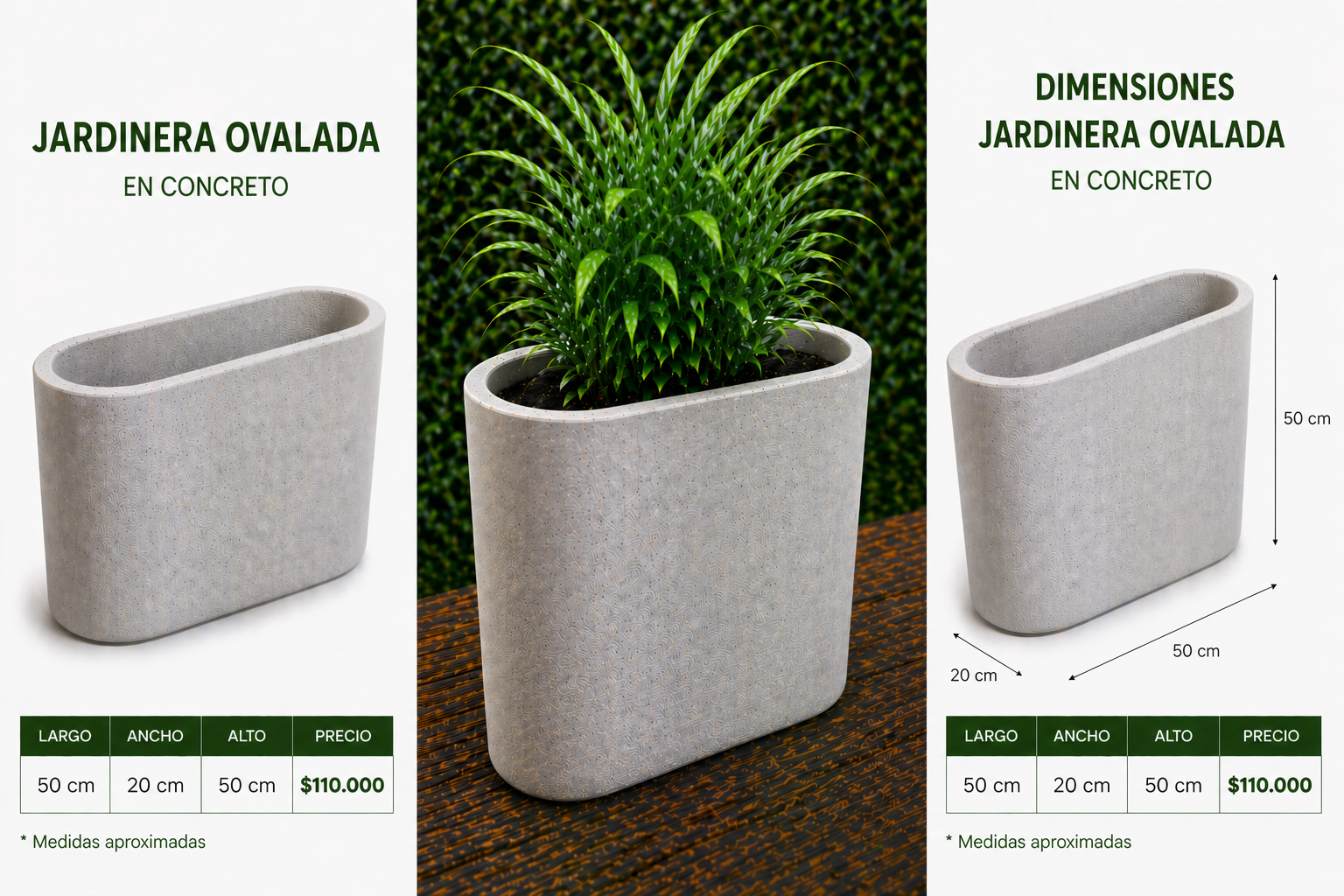 Jardinera Ovalada en Concreto 50x20x50 cm