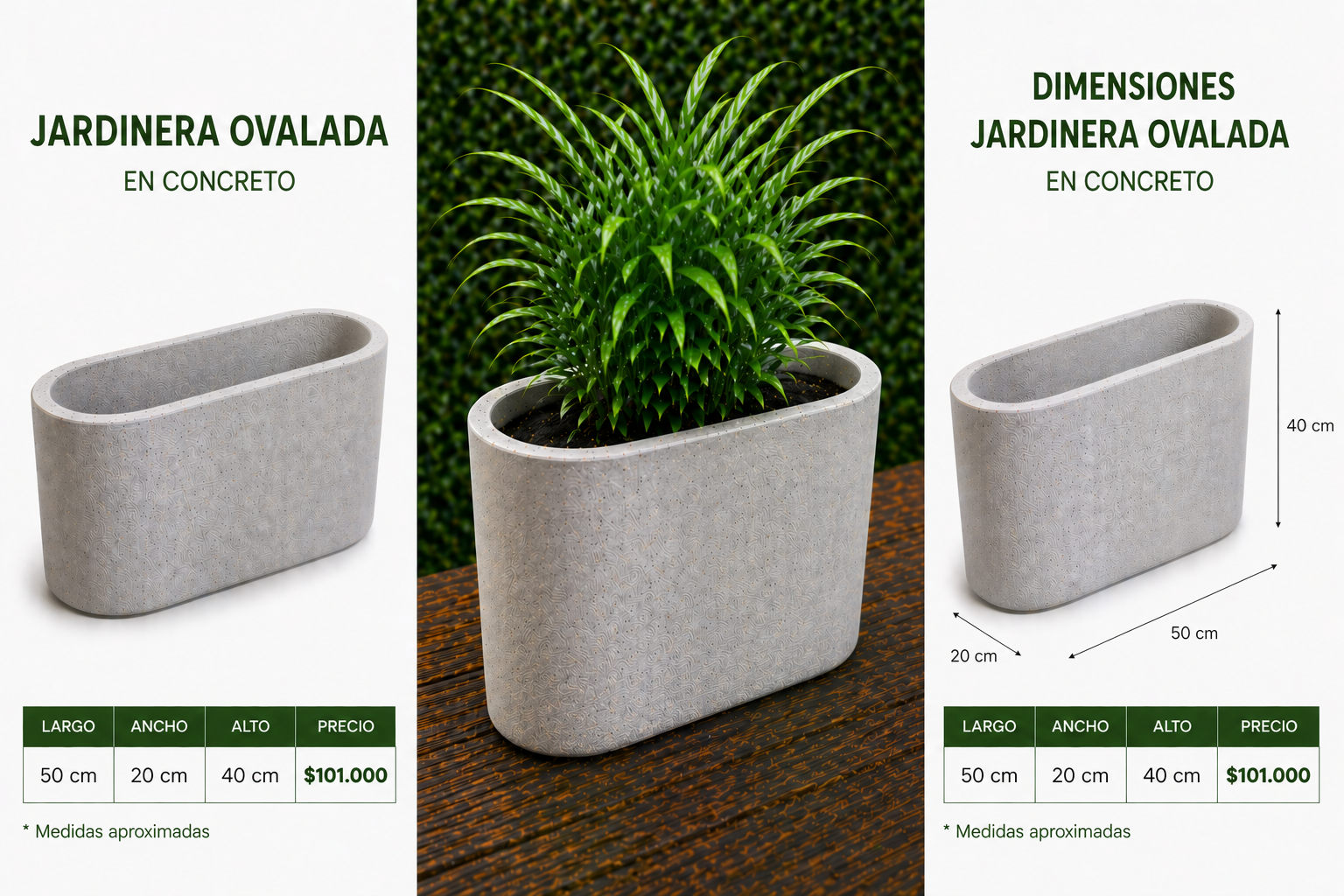 Jardinera Ovalada en Concreto 50x20x40 cm