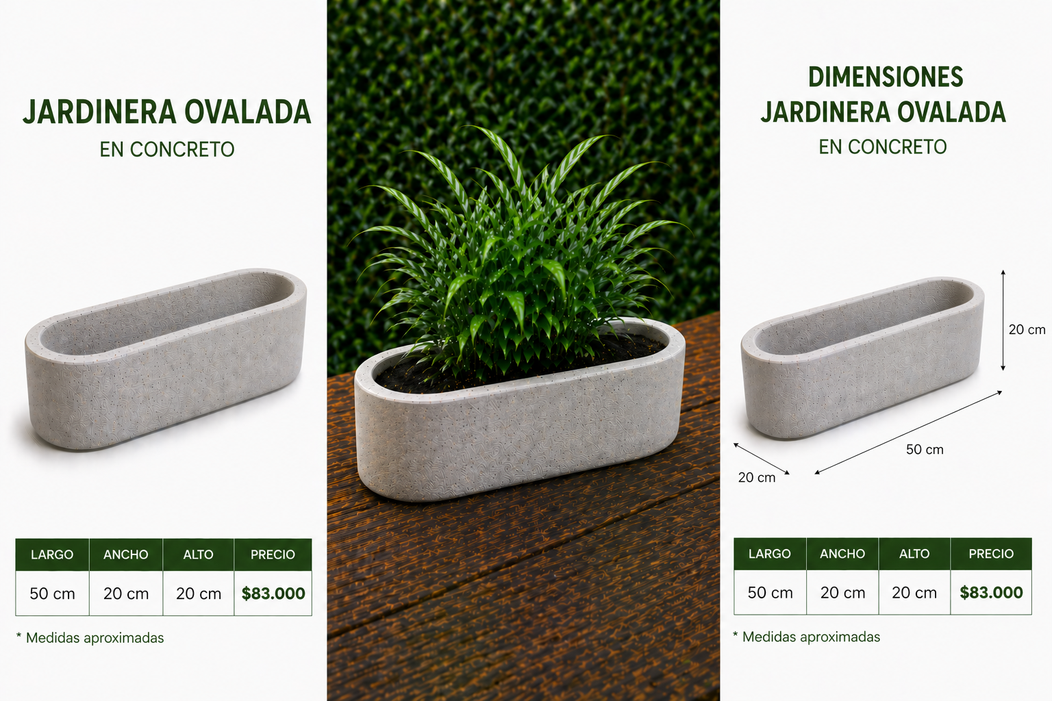 Jardinera Ovalada en Concreto 50x20x20 cm