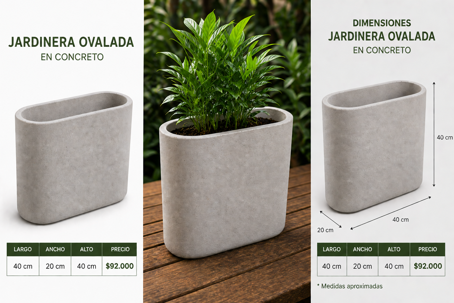 Jardinera Ovalada en Concreto 40x20x40 cm