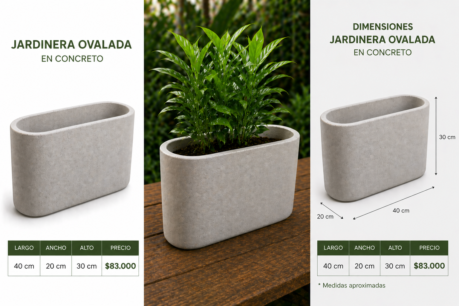 Jardinera Ovalada en Concreto 40x20x30 cm