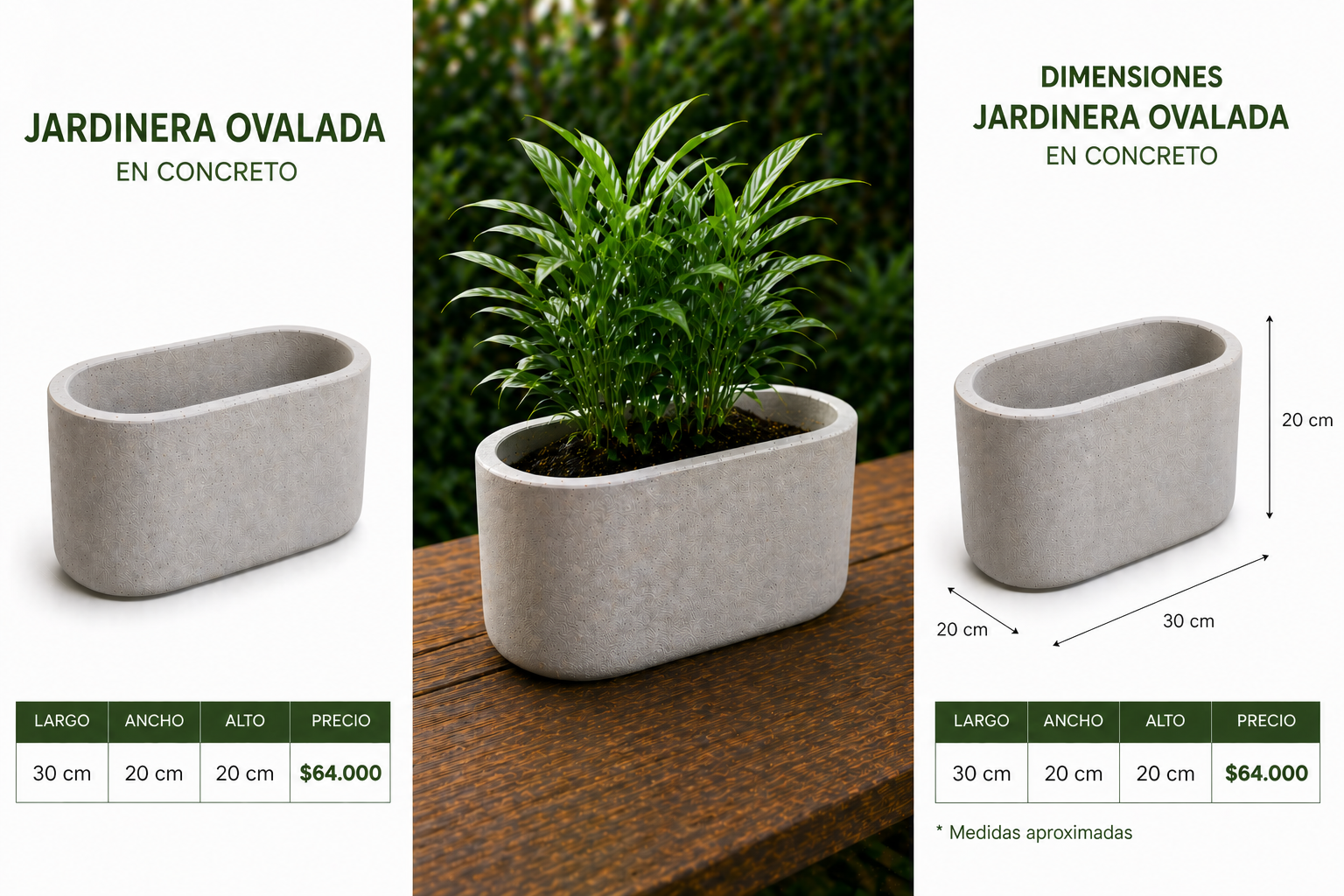 Jardinera Ovalada en Concreto 30x20x20 cm