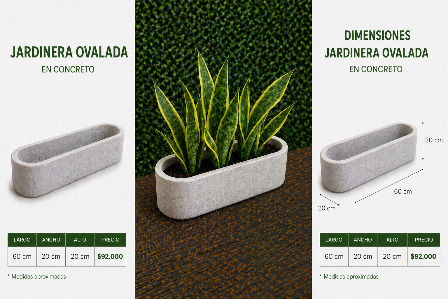 Jardinera Ovalada en Concreto 60x20x20 cm