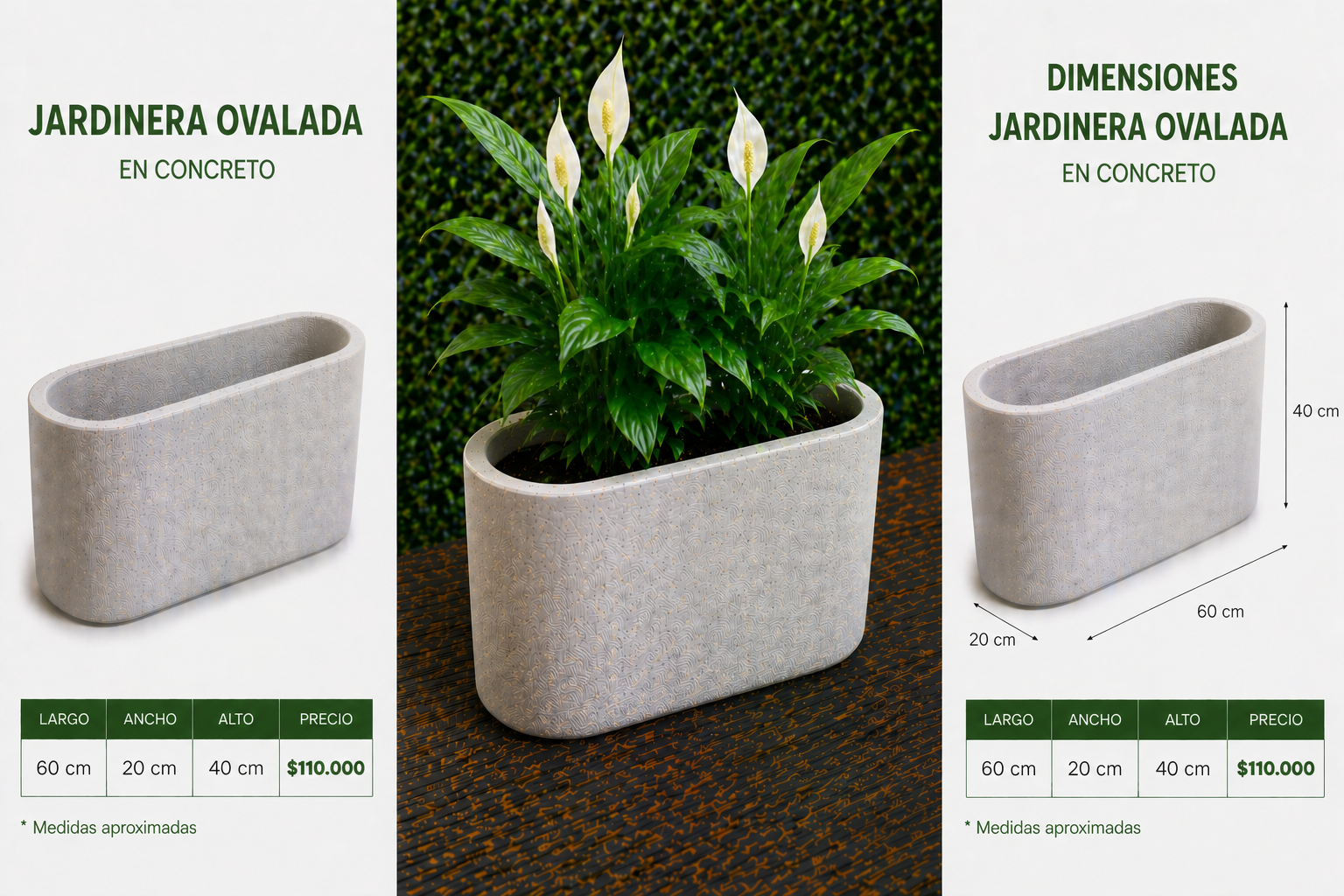 Jardinera Ovalada en Concreto 60x20x40 cm