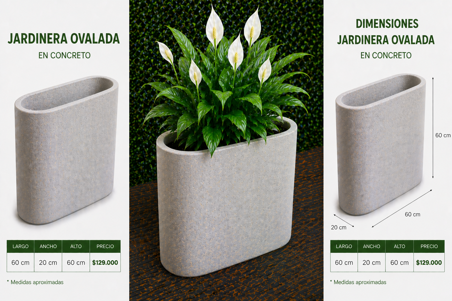 Jardinera Ovalada en Concreto 60x20x60 cm