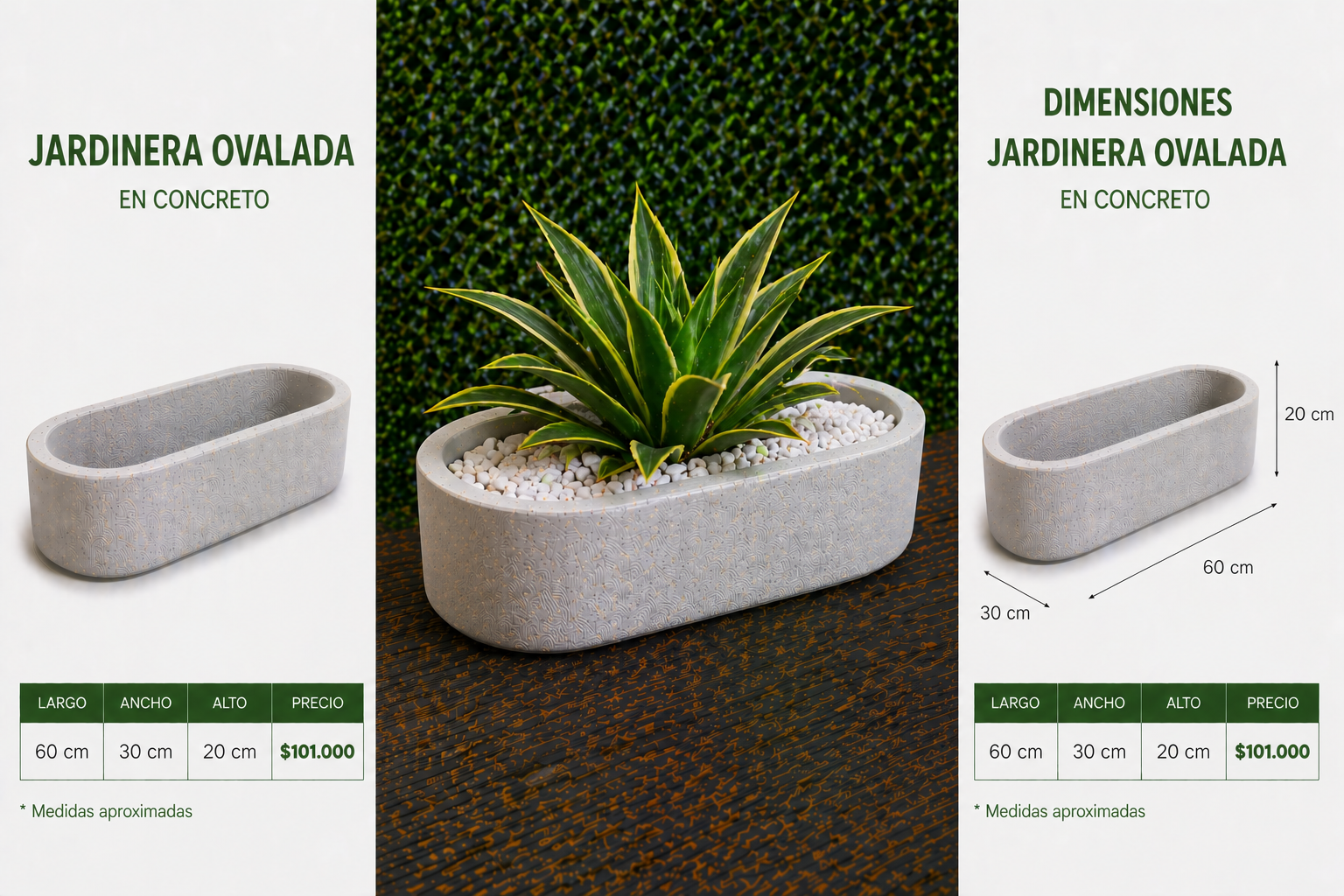 Jardinera Ovalada en Concreto 60x30x20 cm