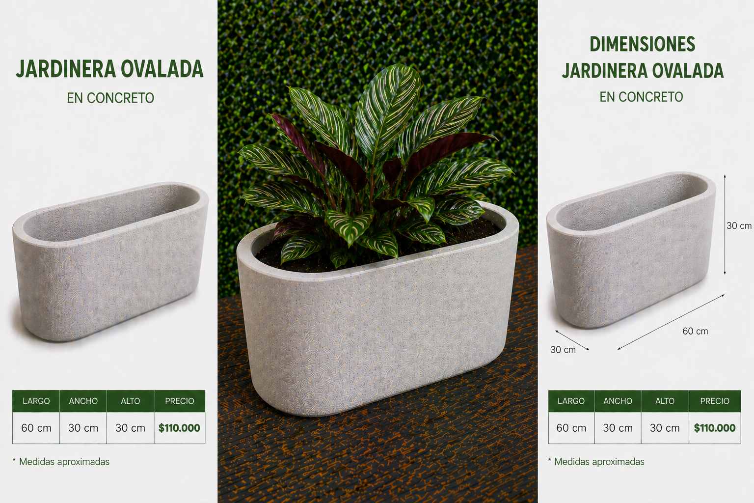 Jardinera Ovalada en Concreto 60x30x30 cm