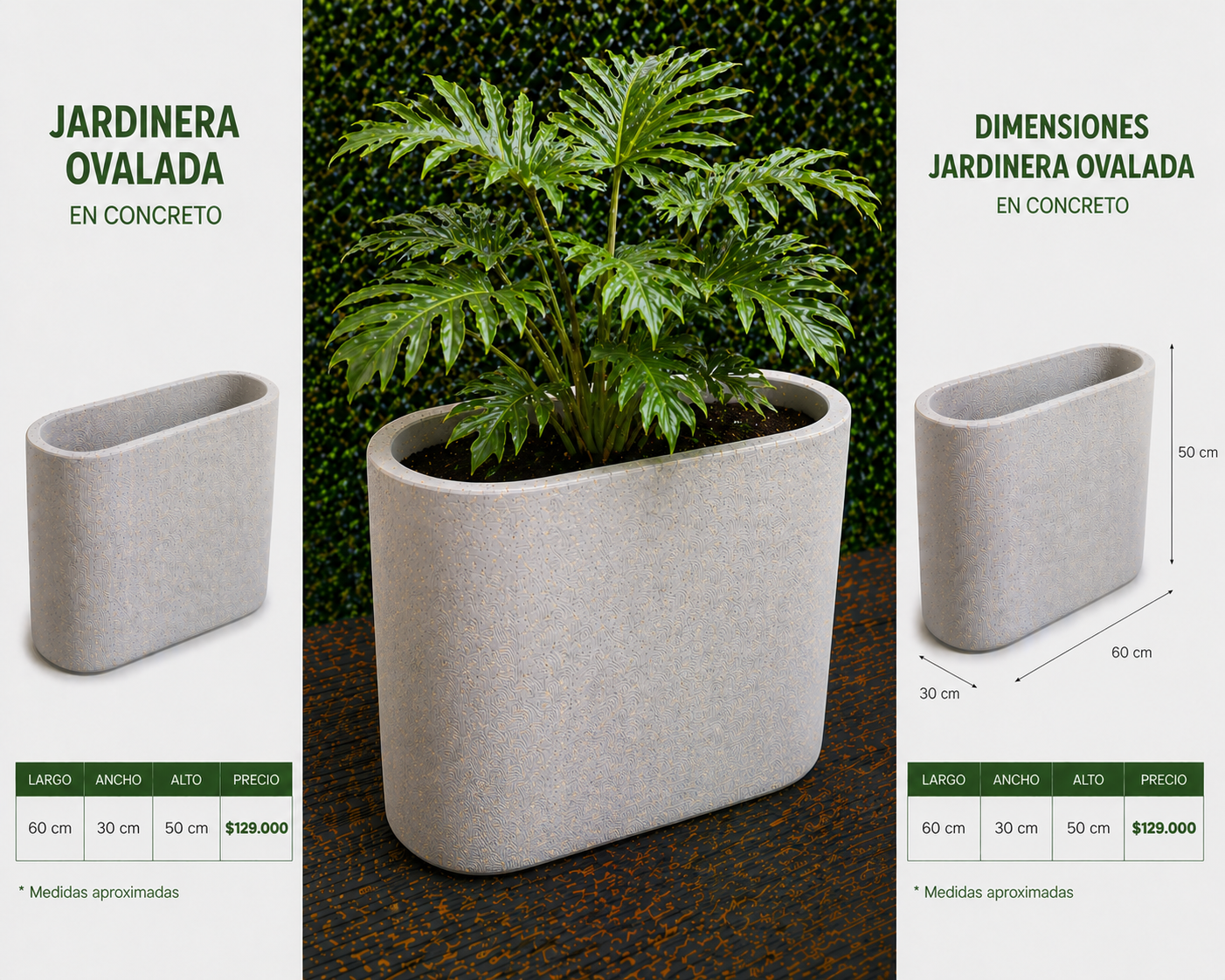 Jardinera Ovalada en Concreto 60x30x50 cm