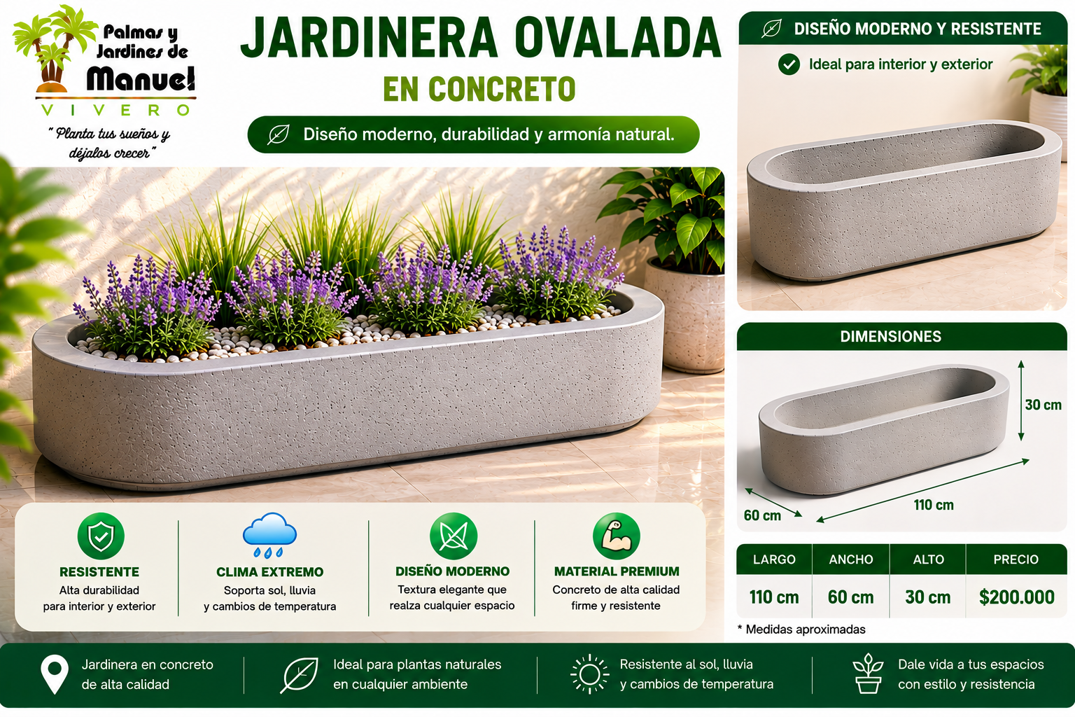 Jardinera Ovalada en Concreto 110x60x30 cm
