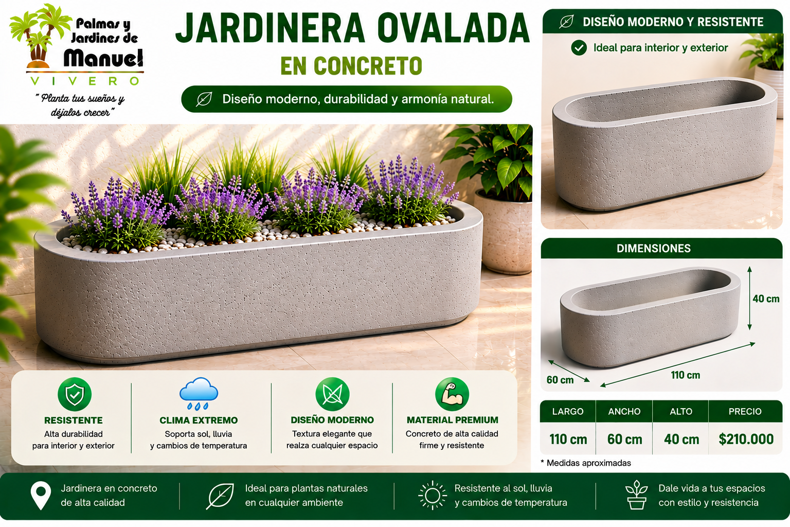 Jardinera Ovalada en Concreto 110x60x40 cm