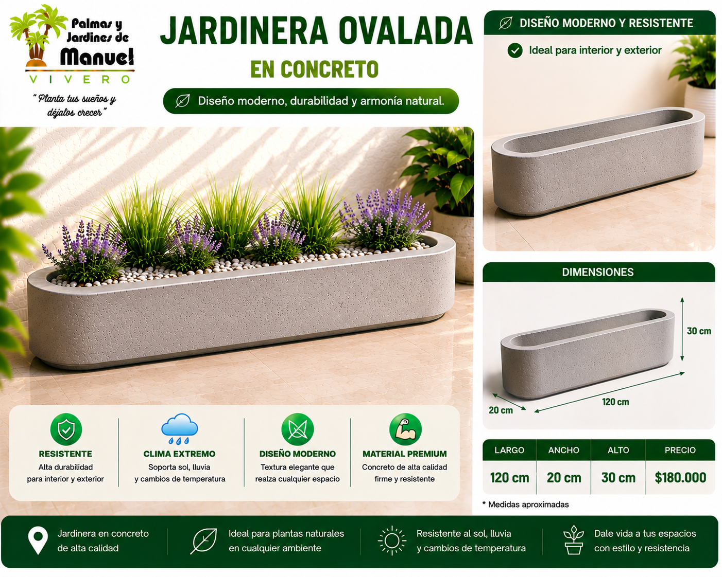 Jardinera Ovalada en Concreto 120x20x30 cm