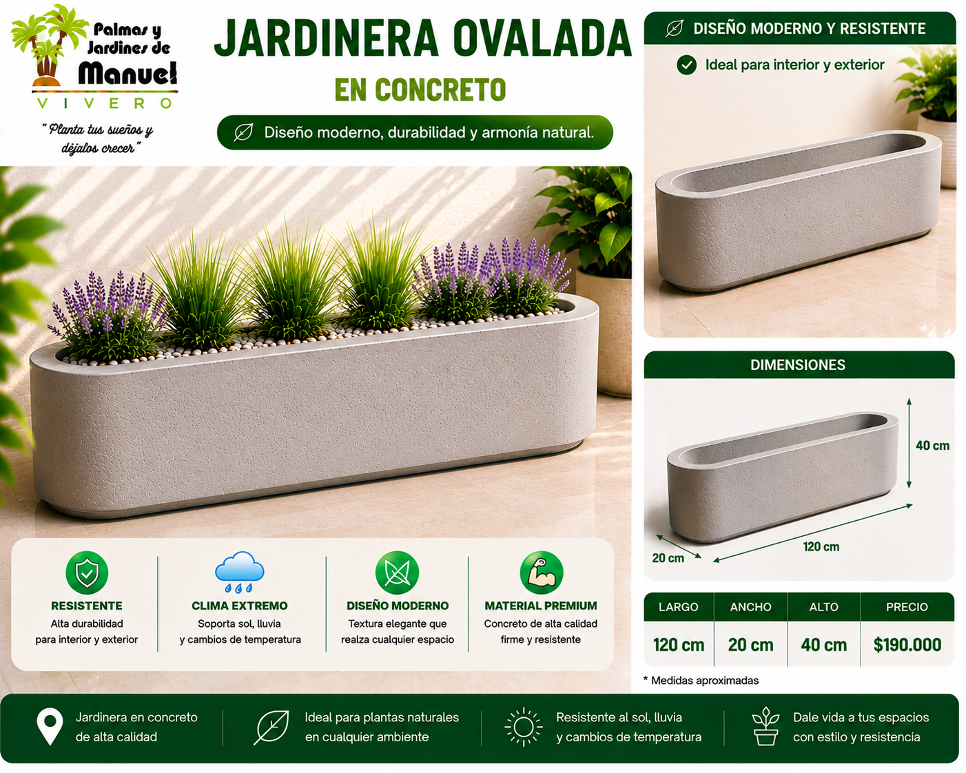 Jardinera Ovalada en Concreto 120x20x40 cm