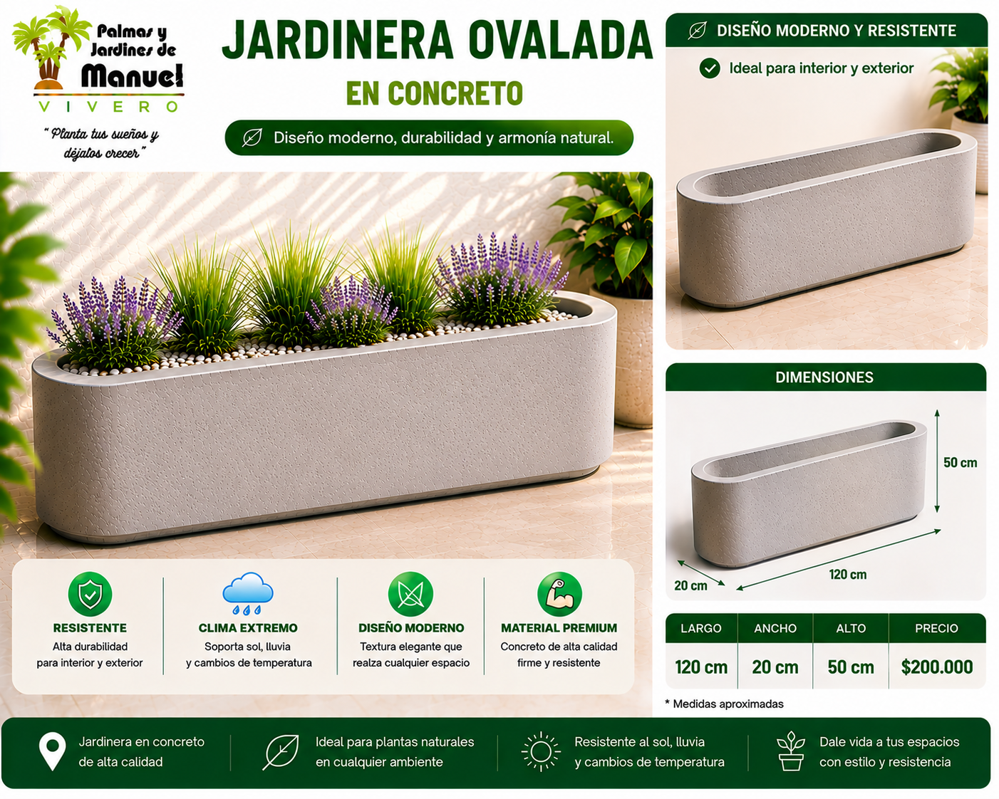 Jardinera Ovalada en Concreto 120x20x50 cm