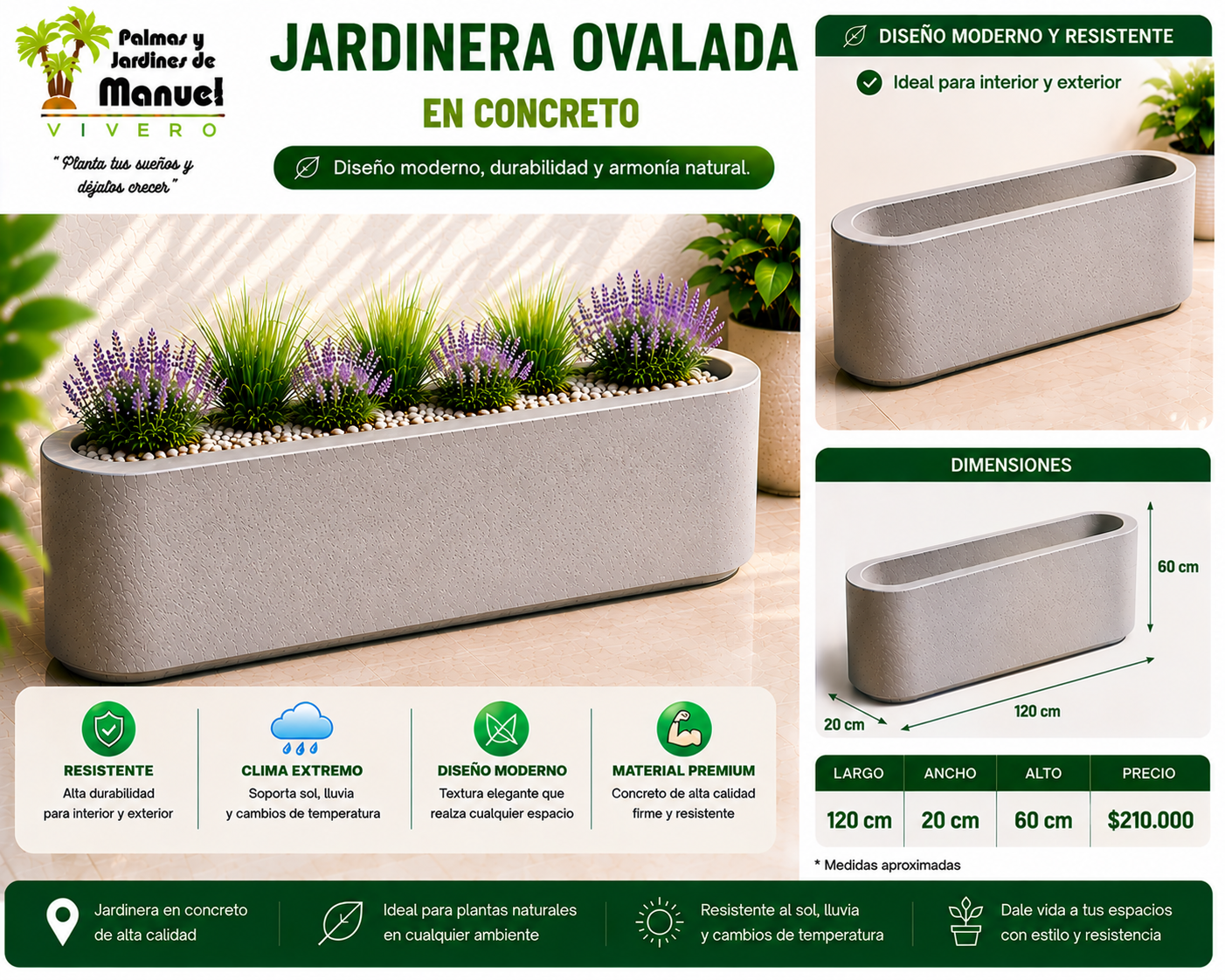 Jardinera Ovalada en Concreto 120x20x60 cm