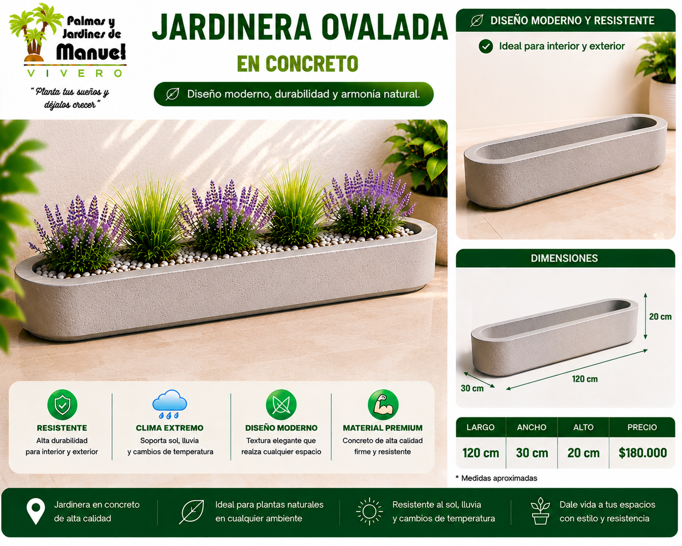 Jardinera Ovalada en Concreto 120x30x20 cm