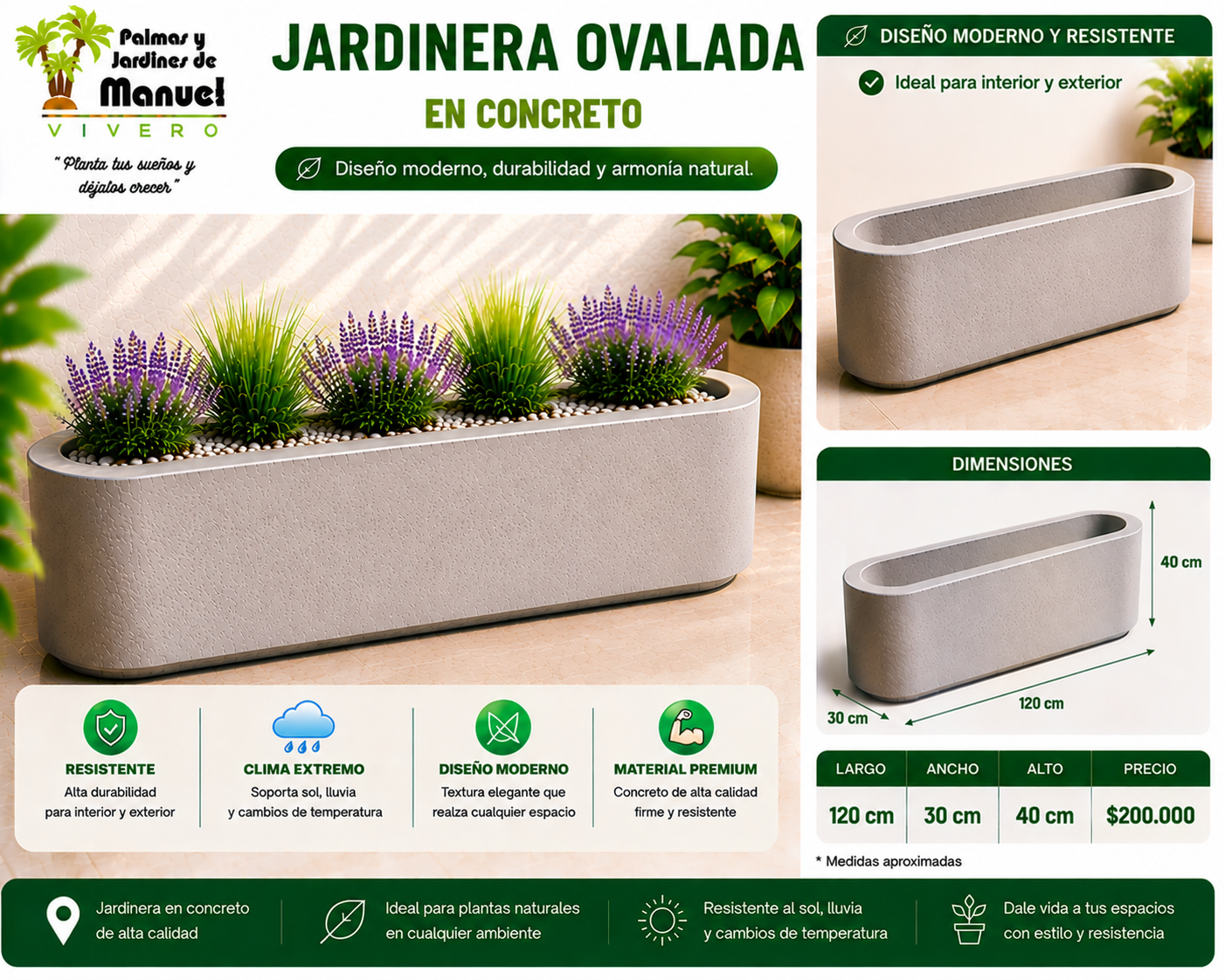 Jardinera Ovalada en Concreto 120x30x40 cm