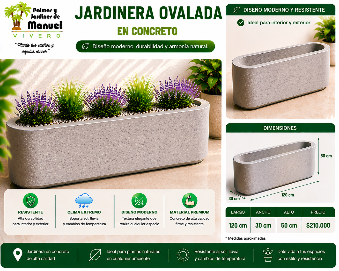 Jardinera Ovalada en Concreto 120x30x50 cm