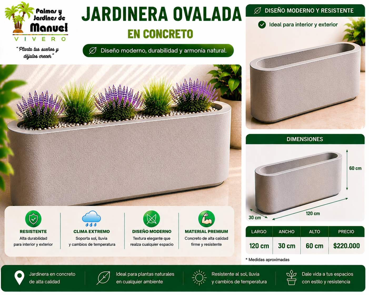 Jardinera Ovalada en Concreto 120x30x60 cm