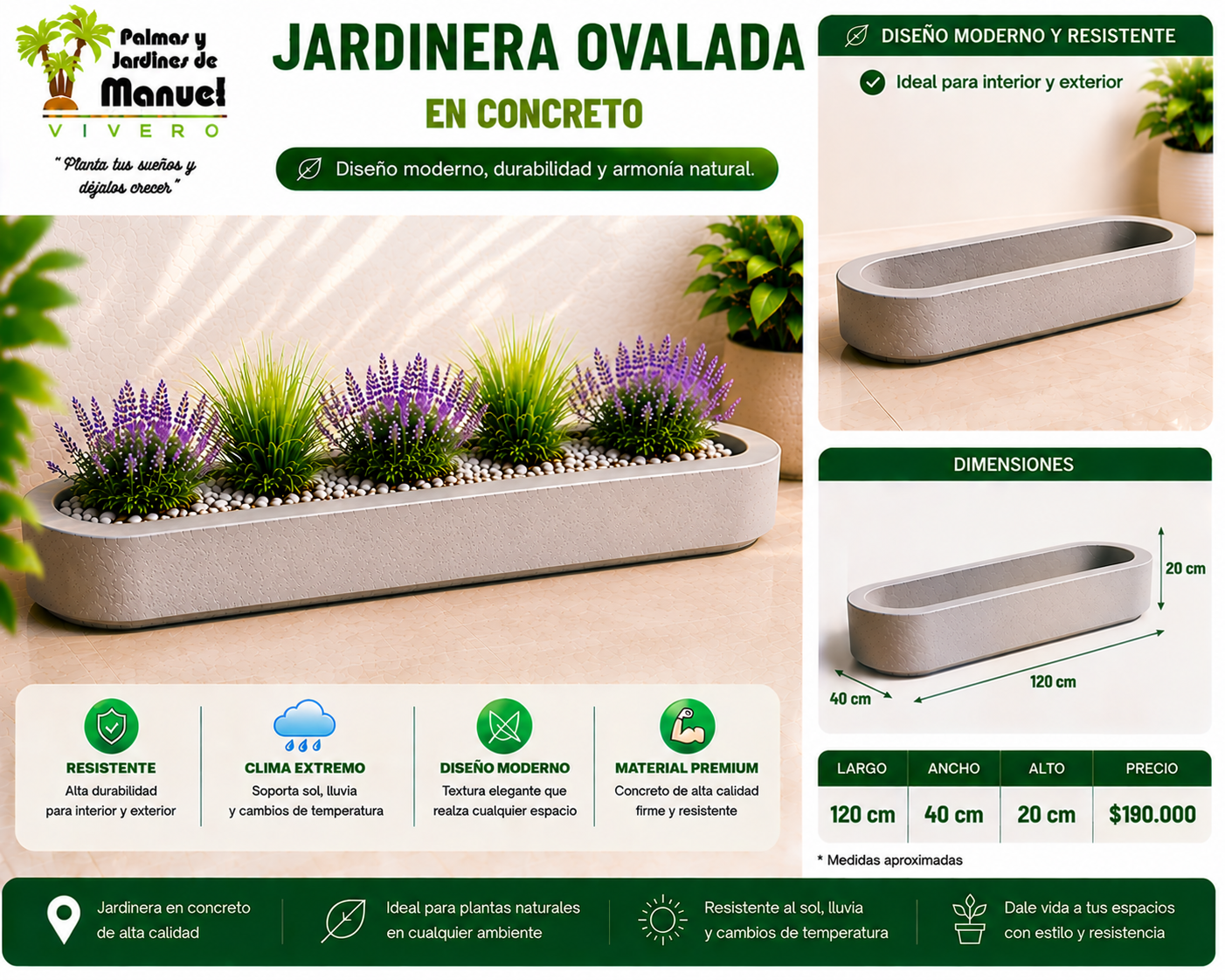 Jardinera Ovalada en Concreto 120x40x20 cm