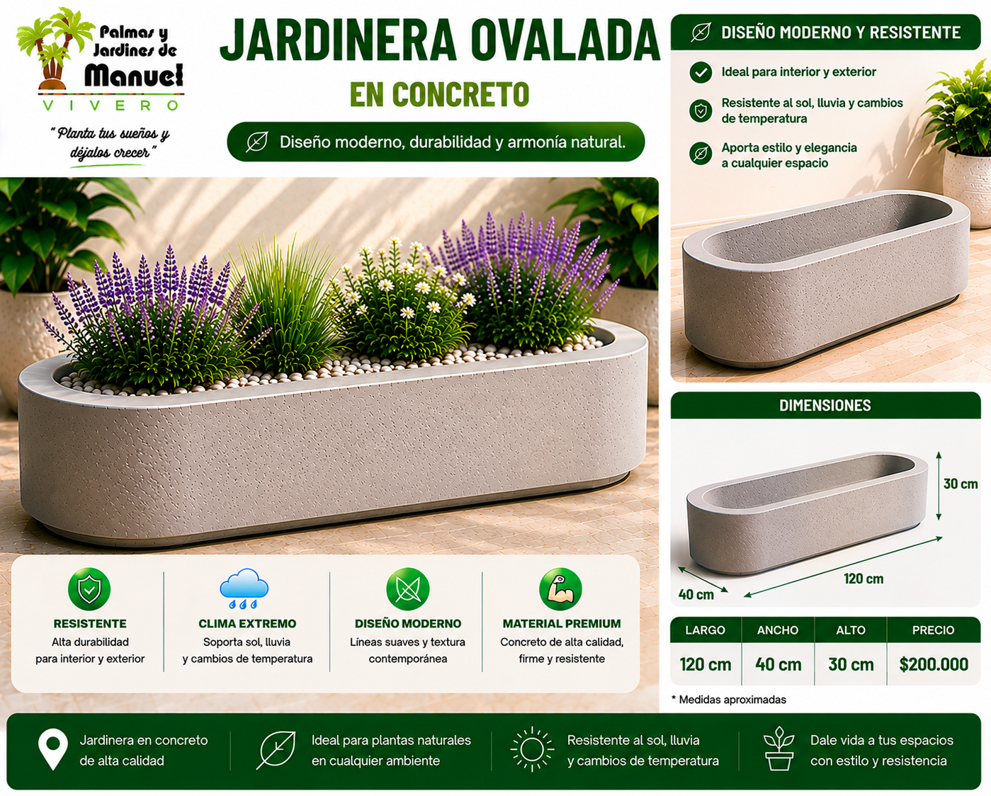 Jardinera Ovalada en Concreto 120x40x30 cm