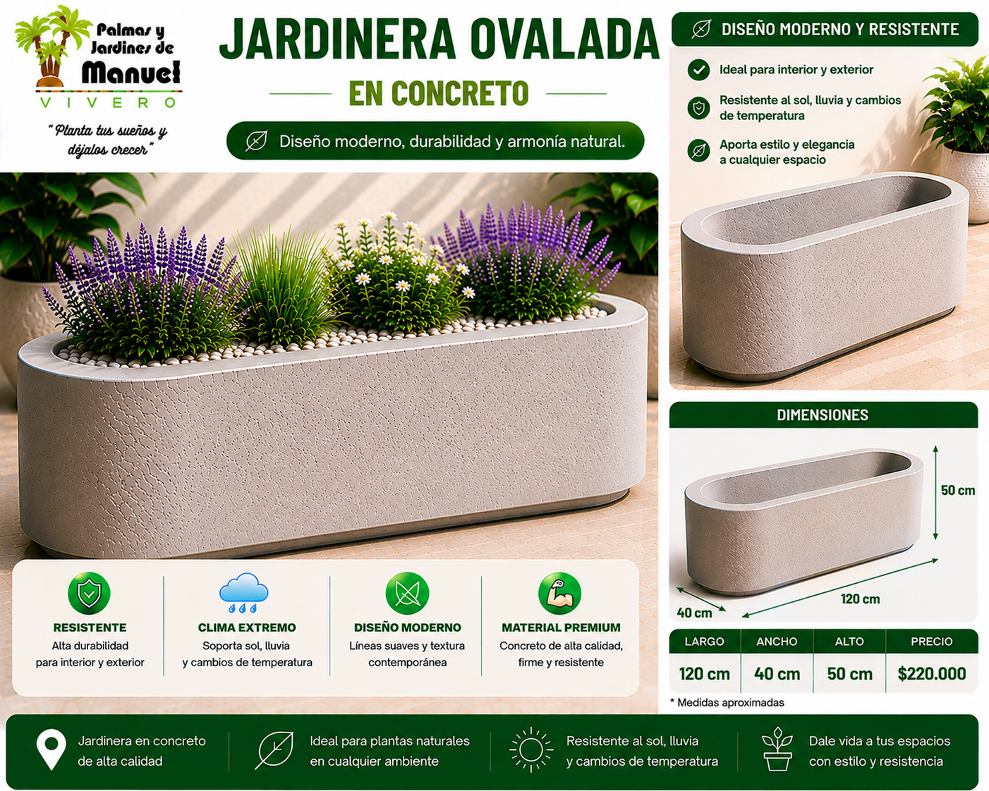 Jardinera Ovalada en Concreto 120x40x50 cm