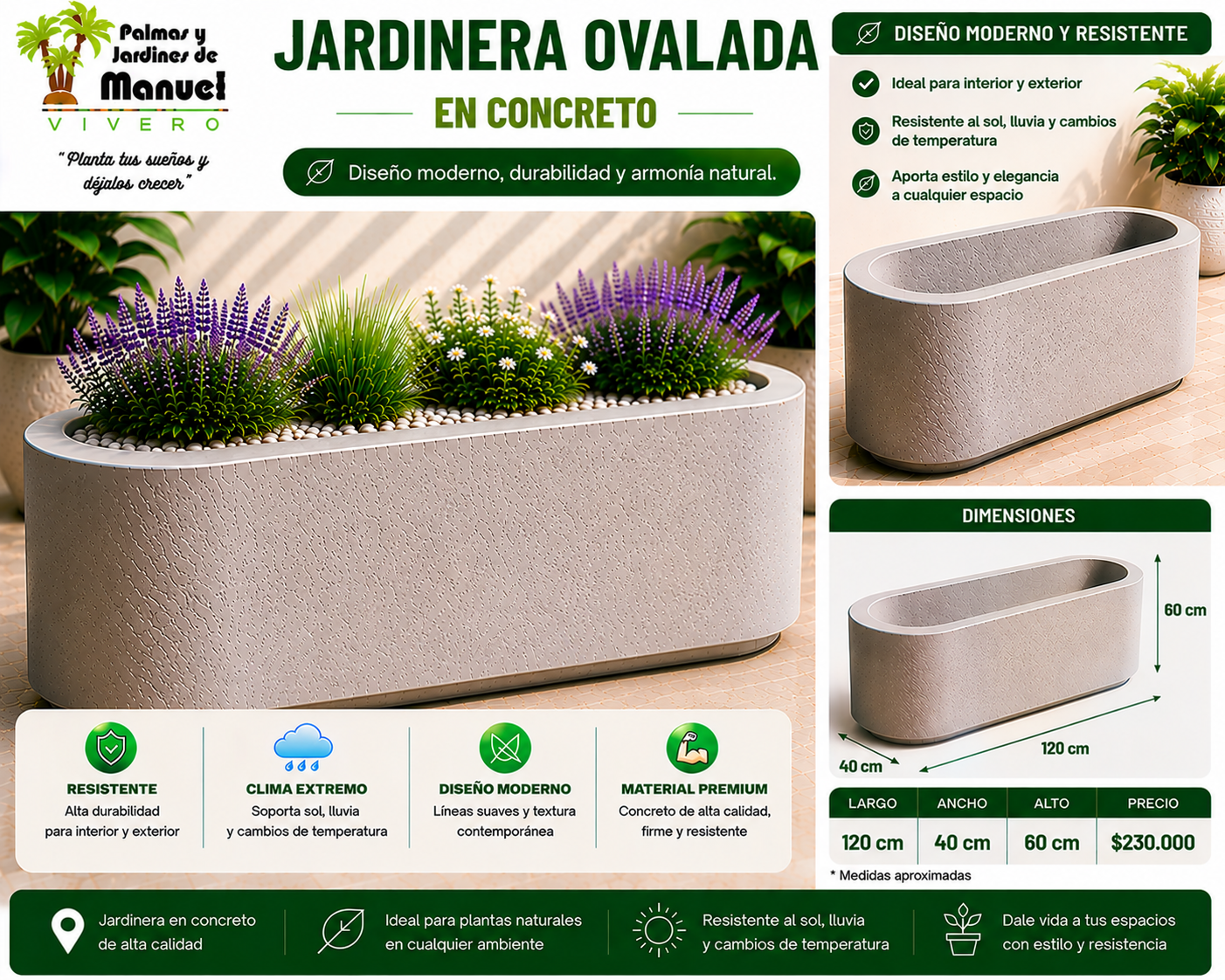 Jardinera Ovalada en Concreto 120x40x60 cm