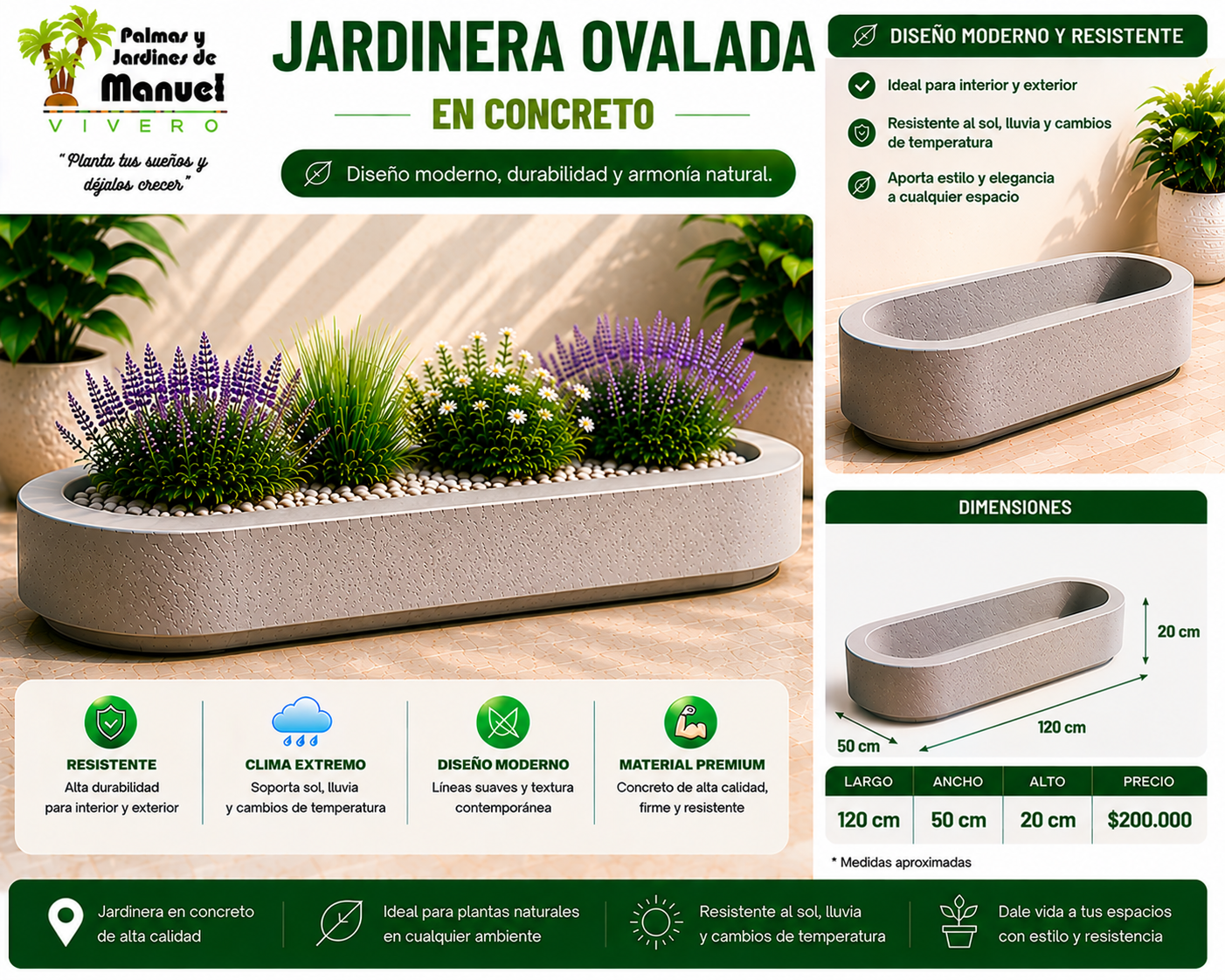Jardinera Ovalada en Concreto 120x50x20 cm