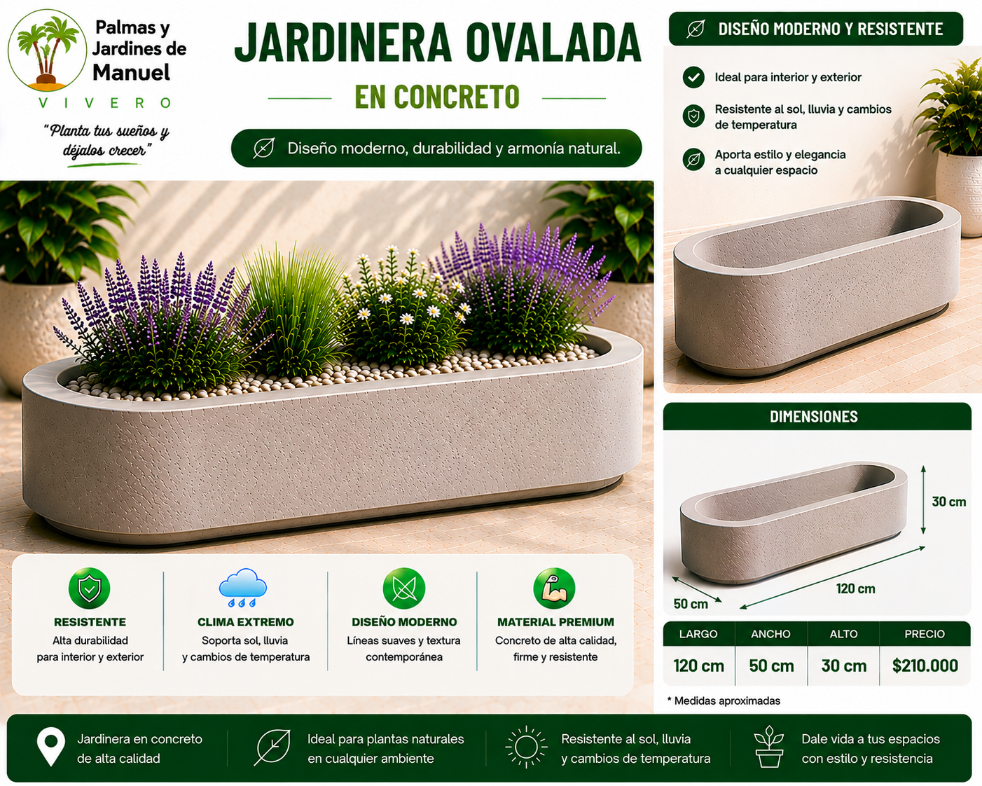 Jardinera Ovalada en Concreto 120x50x30 cm
